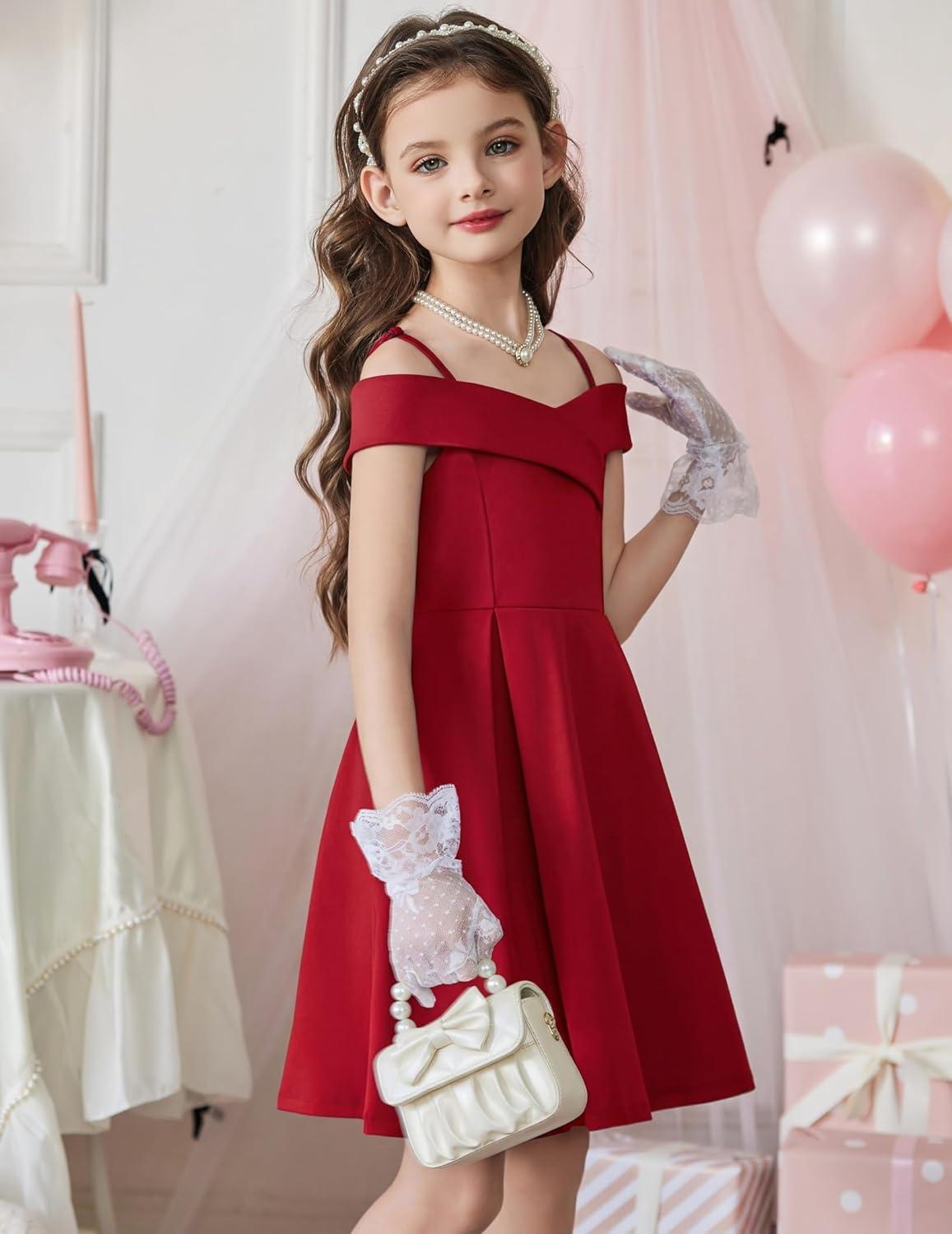 image:imageArshiner Girls Summer Dress Off Shoulder Fold Pleated Formal Elegant ALine Party Dresses with PocketRed