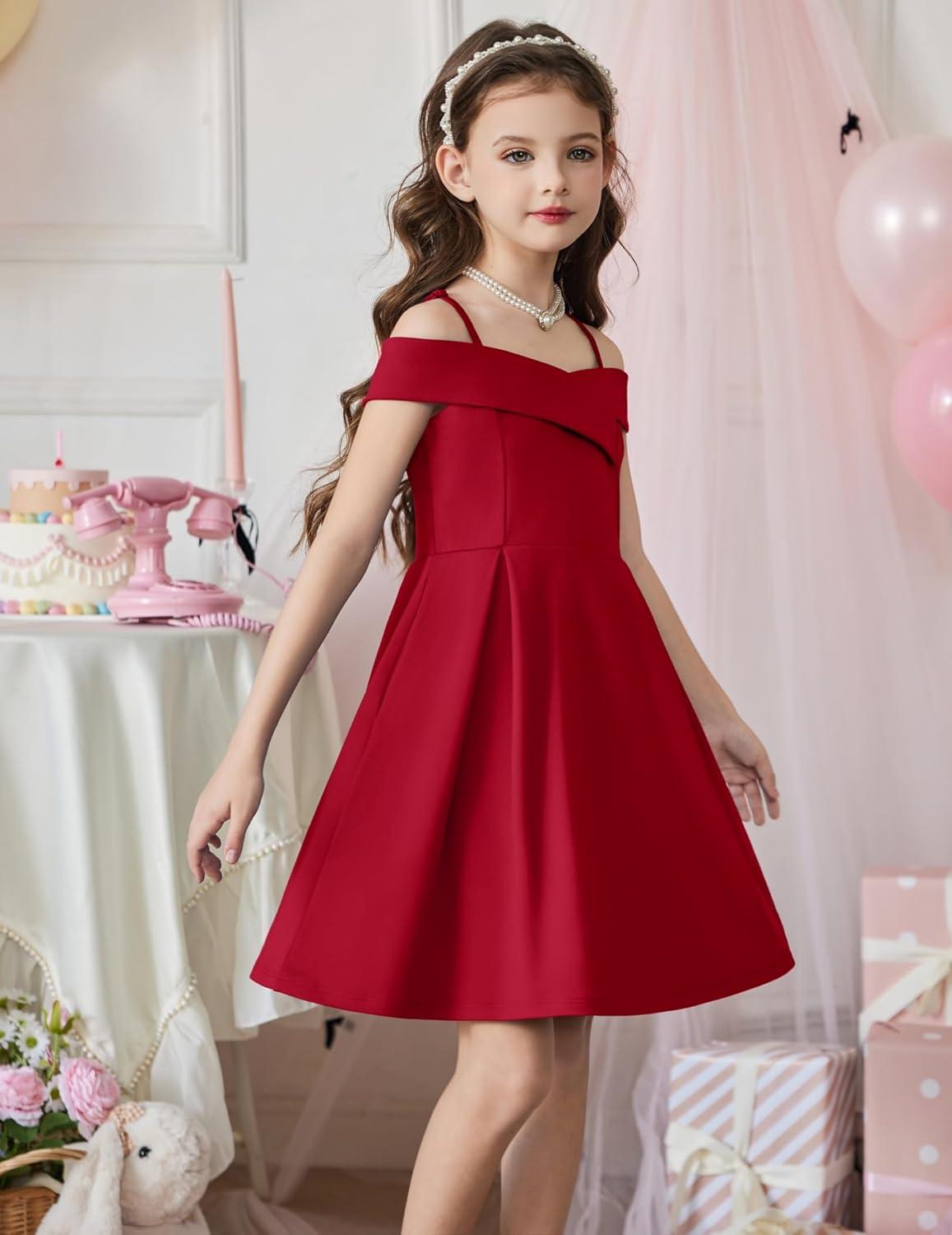 image:imageArshiner Girls Summer Dress Off Shoulder Fold Pleated Formal Elegant ALine Party Dresses with PocketRed