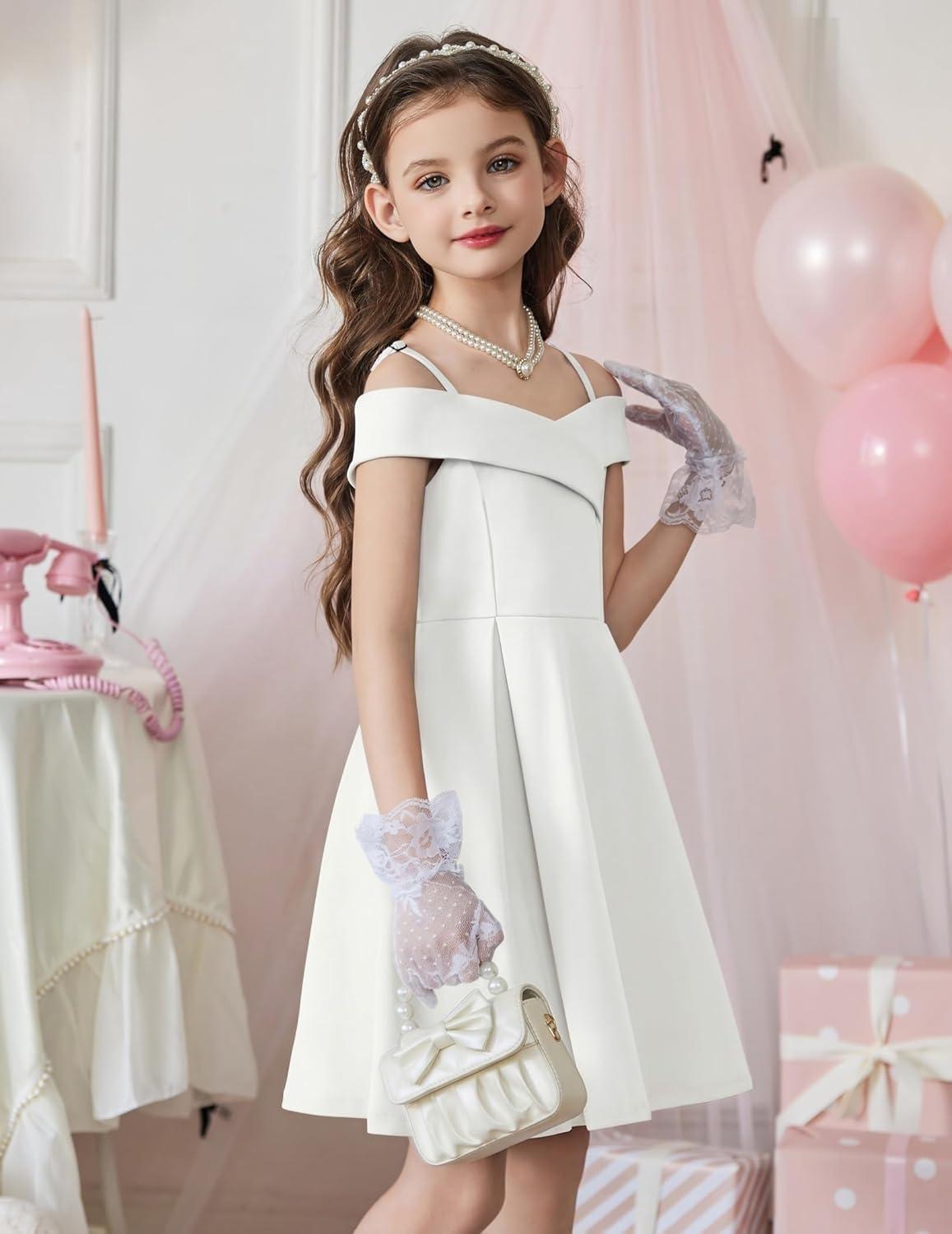 image:imageArshiner Girls Summer Dress Off Shoulder Fold Pleated Formal Elegant ALine Party Dresses with PocketWhite