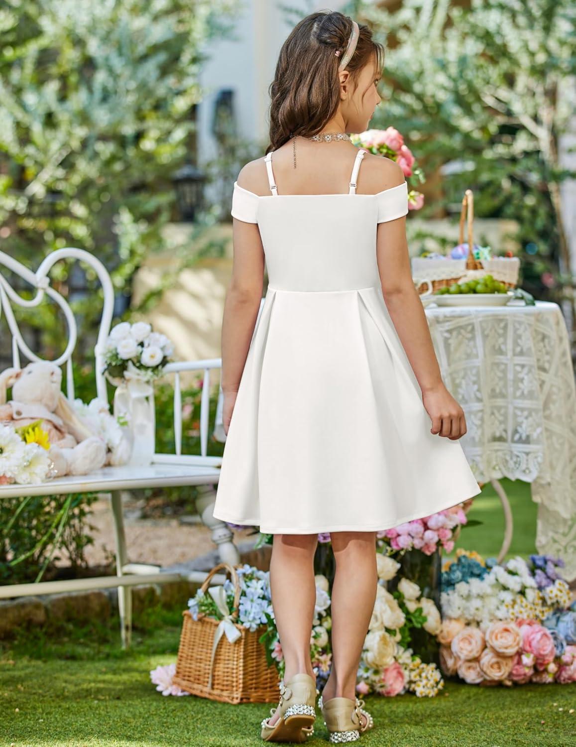 image:imageArshiner Girls Summer Dress Off Shoulder Fold Pleated Formal Elegant ALine Party Dresses with PocketWhite