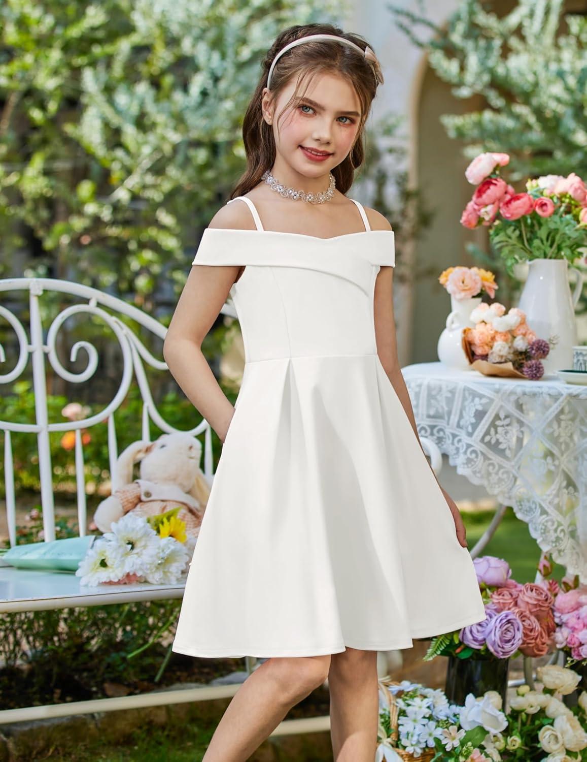 image:imageArshiner Girls Summer Dress Off Shoulder Fold Pleated Formal Elegant ALine Party Dresses with PocketWhite