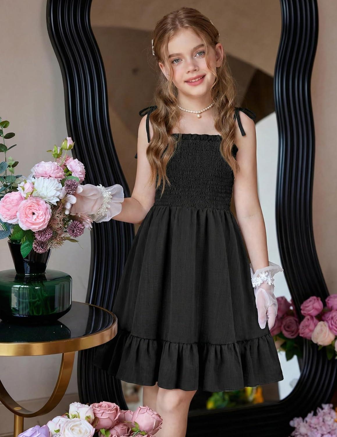 image:imageArshiner Girls Summer Dress Tween Spaghetti Strap Smocked Casual Beach Sundress with Pockets 614YBlack