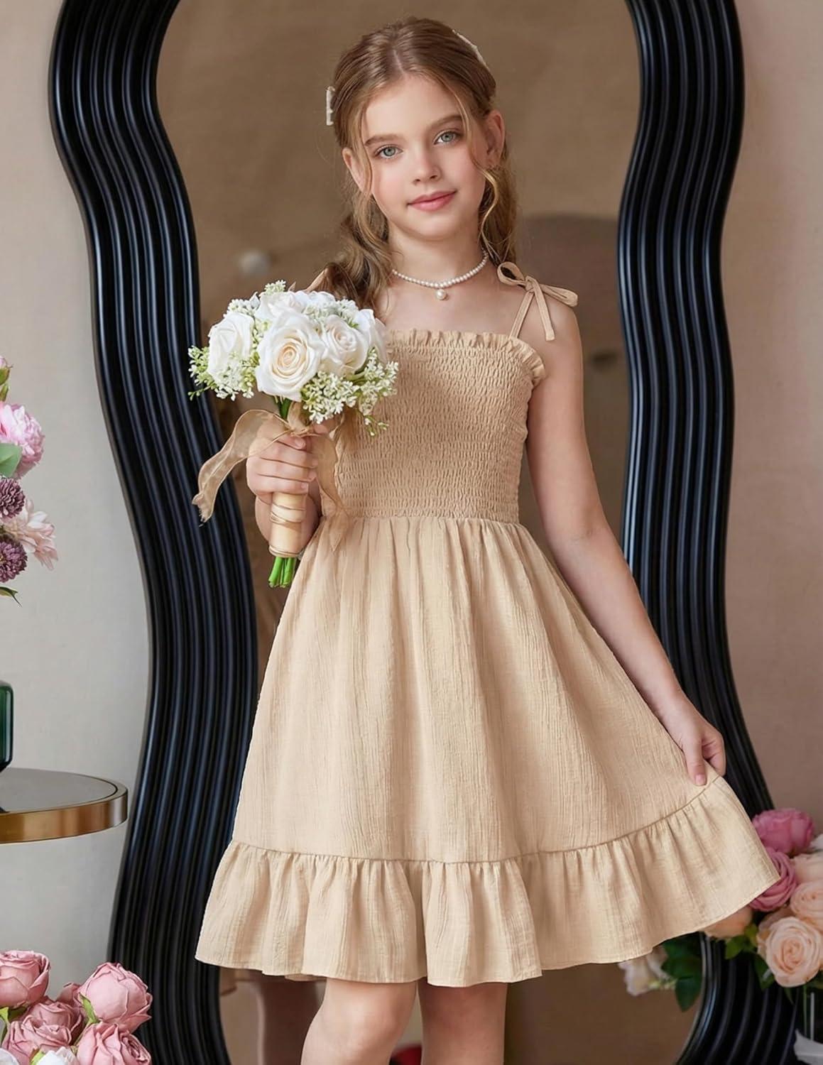 image:imageArshiner Girls Summer Dress Tween Spaghetti Strap Smocked Casual Beach Sundress with Pockets 614YChampagne