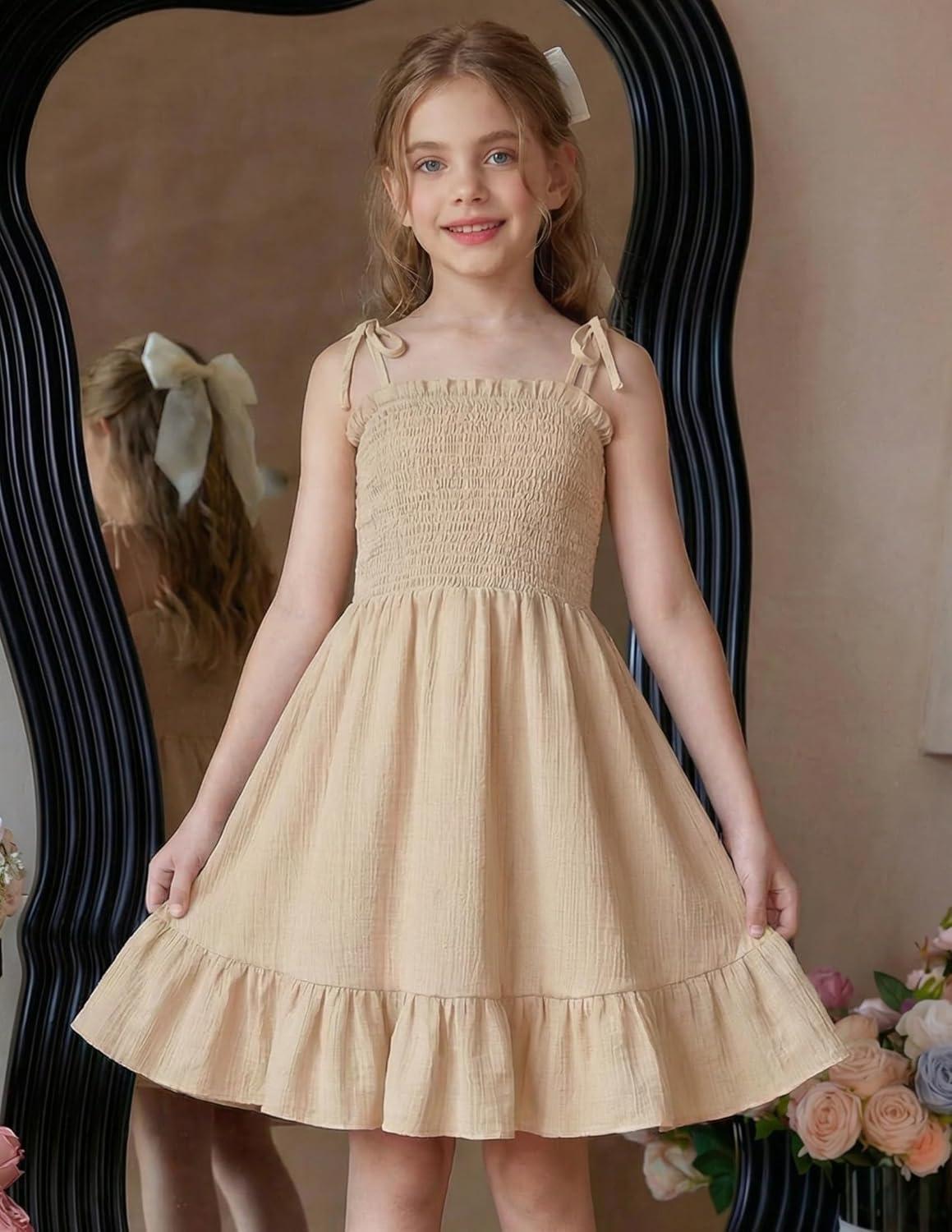 image:imageArshiner Girls Summer Dress Tween Spaghetti Strap Smocked Casual Beach Sundress with Pockets 614YChampagne