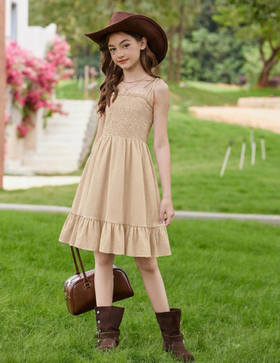 image:imageArshiner Girls Summer Dress Tween Spaghetti Strap Smocked Casual Beach Sundress with Pockets 614YChampagne
