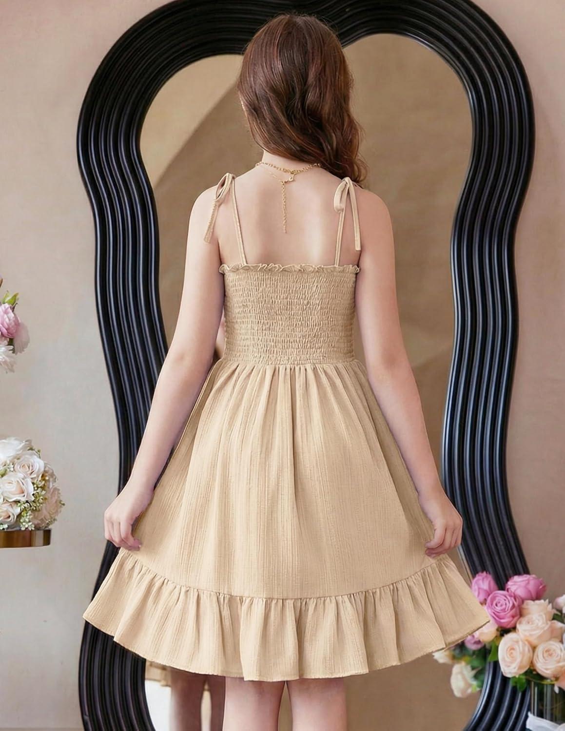 image:imageArshiner Girls Summer Dress Tween Spaghetti Strap Smocked Casual Beach Sundress with Pockets 614YChampagne