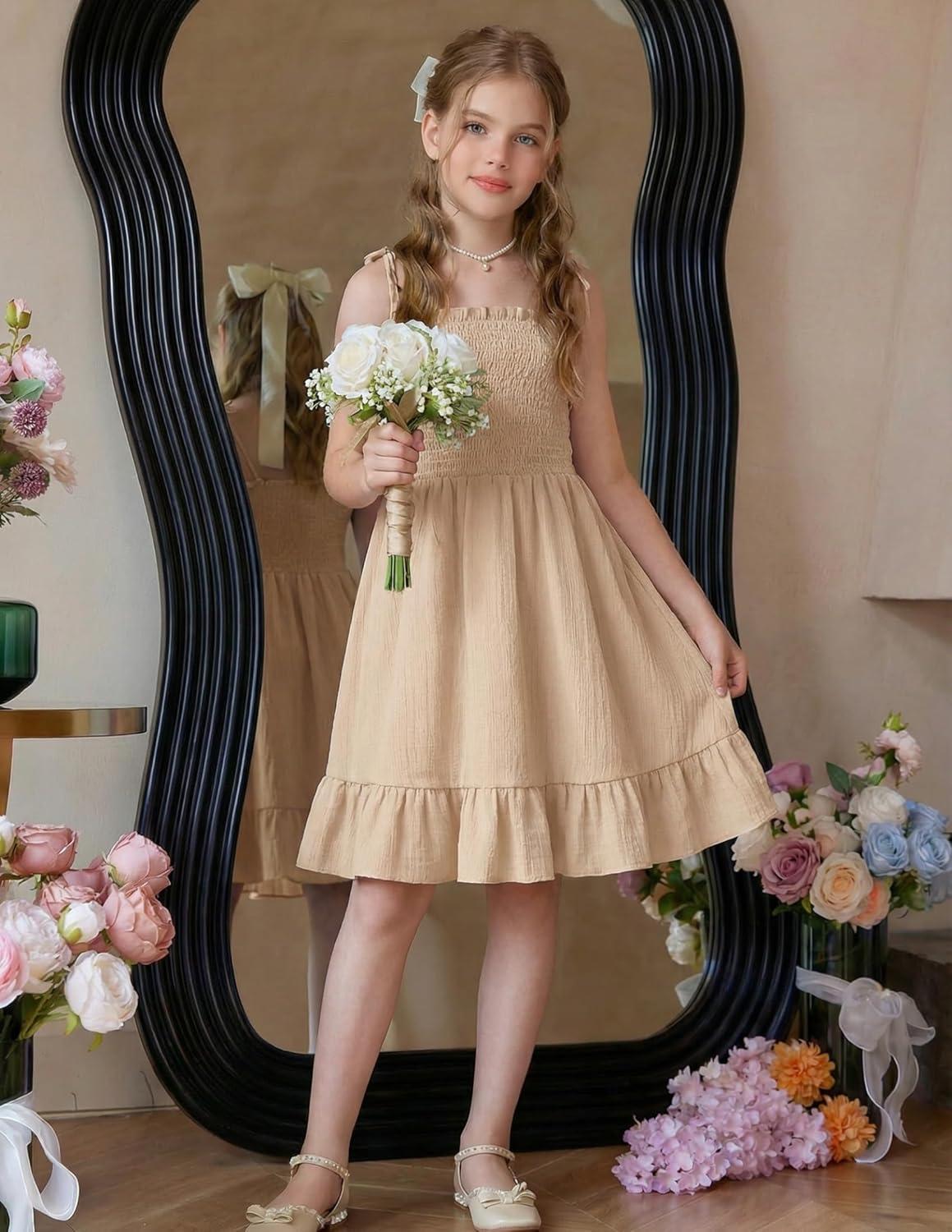 image:imageArshiner Girls Summer Dress Tween Spaghetti Strap Smocked Casual Beach Sundress with Pockets 614YChampagne