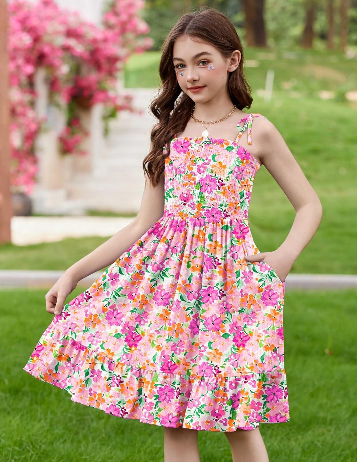image:imageArshiner Girls Summer Dress Tween Spaghetti Strap Smocked Casual Beach Sundress with Pockets 614YPink Floral