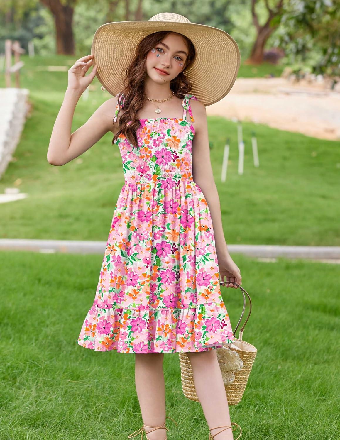 image:imageArshiner Girls Summer Dress Tween Spaghetti Strap Smocked Casual Beach Sundress with Pockets 614YPink Floral