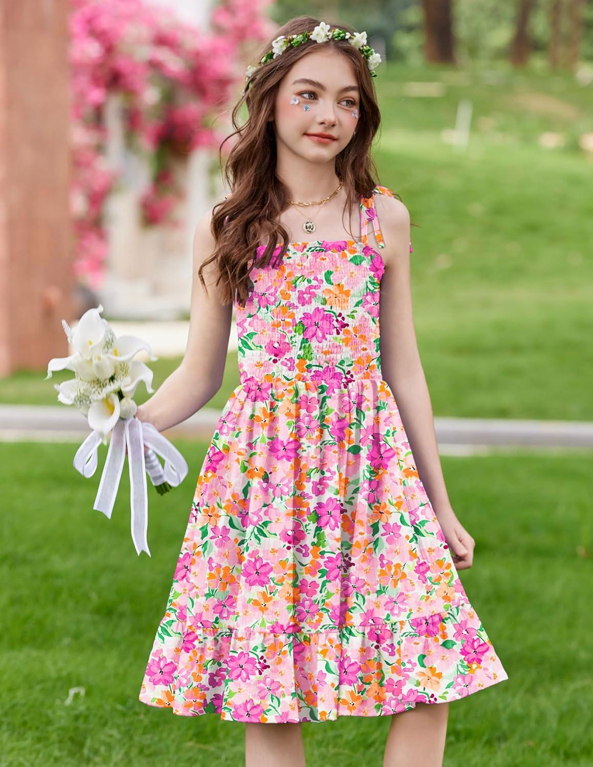 image:imageArshiner Girls Summer Dress Tween Spaghetti Strap Smocked Casual Beach Sundress with Pockets 614YPink Floral