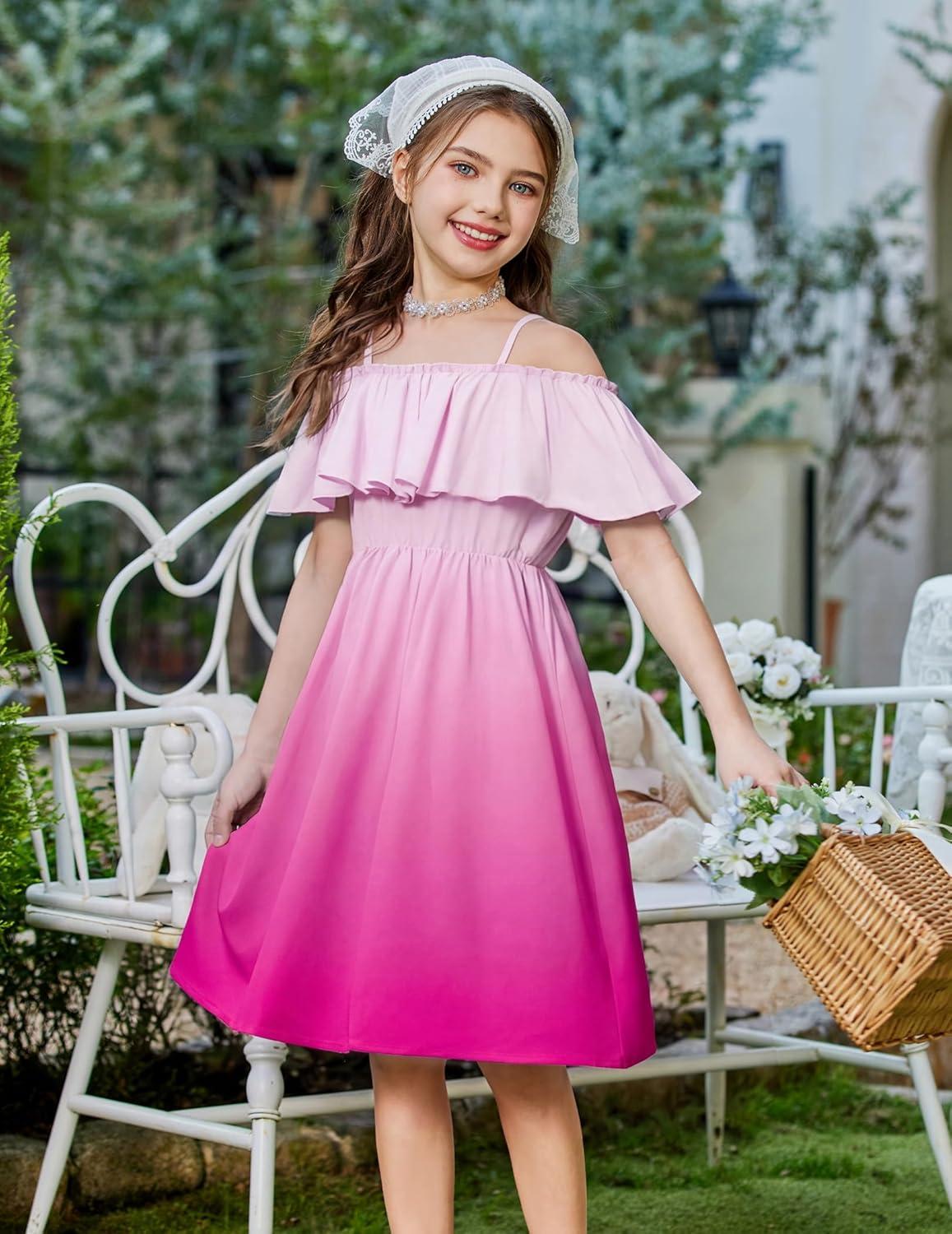 image:imageArshiner Girls Summer Floral Ruffle Sundress Cold Shoulder Casual Holiday DressesRose Red Gradient