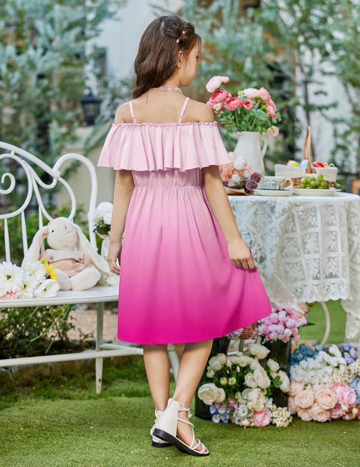 image:imageArshiner Girls Summer Floral Ruffle Sundress Cold Shoulder Casual Holiday DressesRose Red Gradient