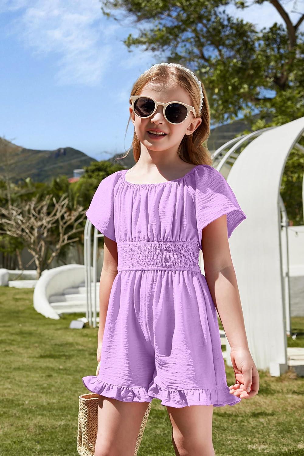 image:imageArshiner Girls Summer Jumpsuits Tie Back Off Shoulder Short Sleeve One Piece Rompers Ruffle Smocked Casual Shorts OutfitsLavender