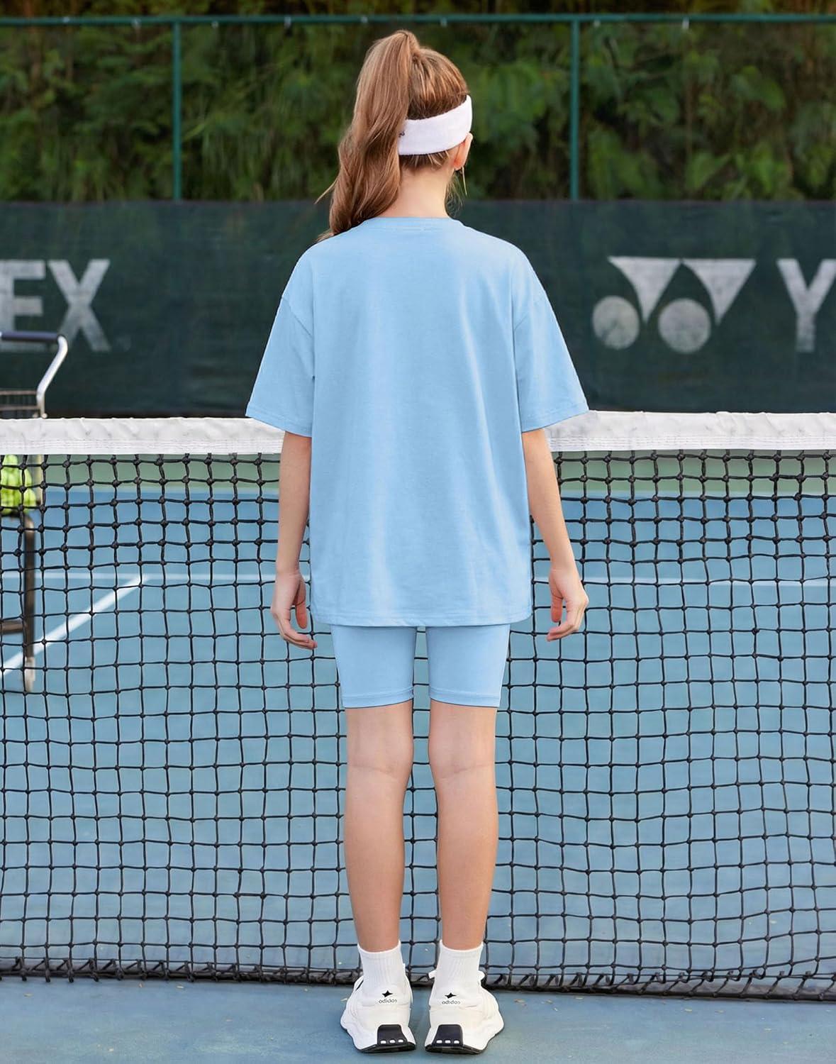 image:imageArshiner Girls Summer Outfits 2 Piece Sets Oversized V Neck Side Split Shirts and Biker Shorts Athletic Sets Workout OutfitsBlue