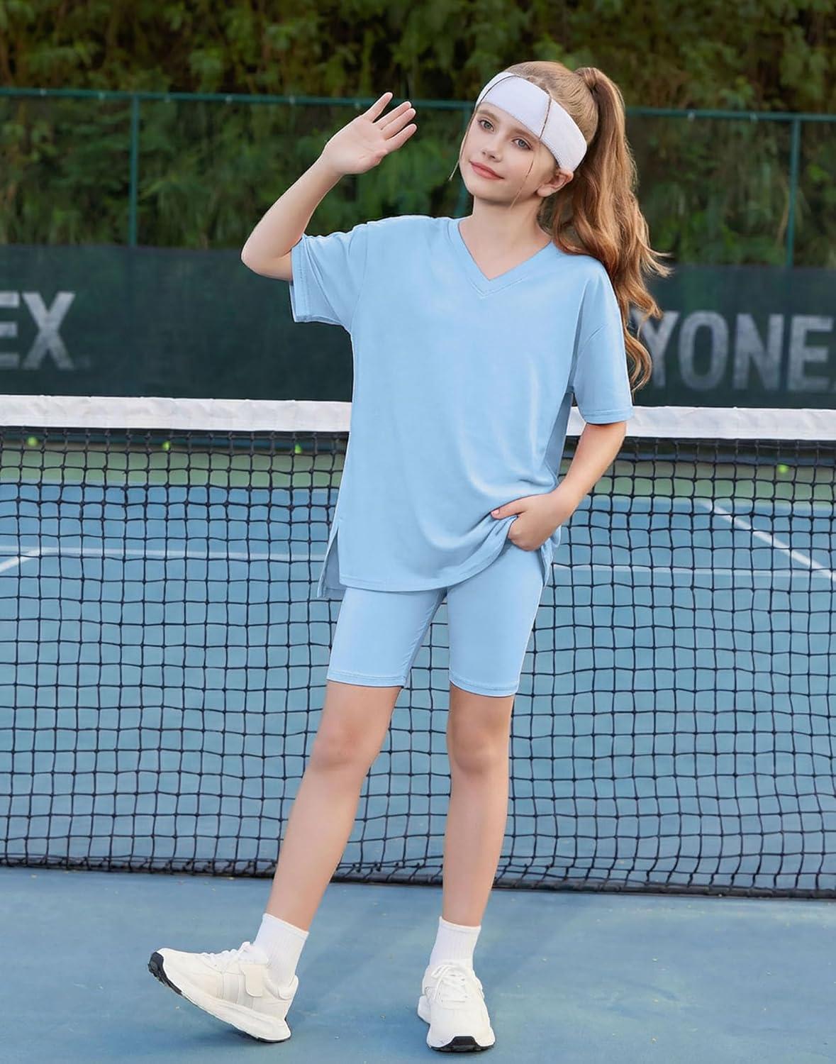 image:imageArshiner Girls Summer Outfits 2 Piece Sets Oversized V Neck Side Split Shirts and Biker Shorts Athletic Sets Workout OutfitsBlue