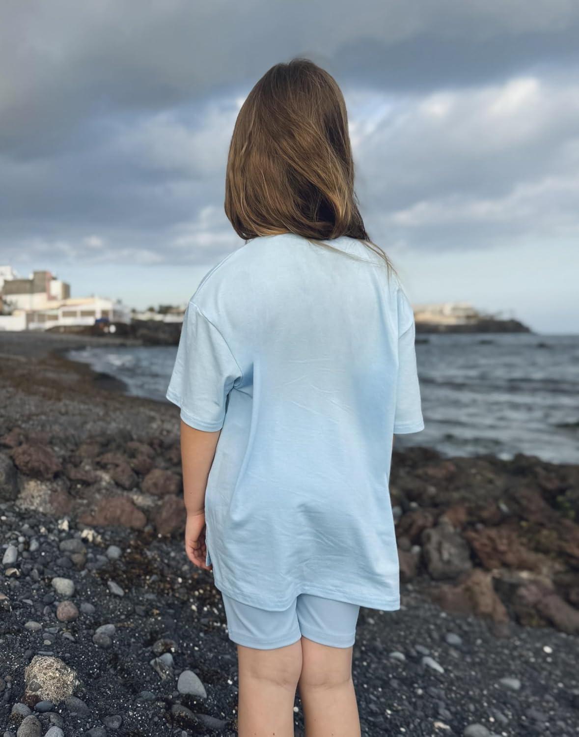 image:imageArshiner Girls Summer Outfits 2 Piece Sets Oversized V Neck Side Split Shirts and Biker Shorts Athletic Sets Workout OutfitsBlue