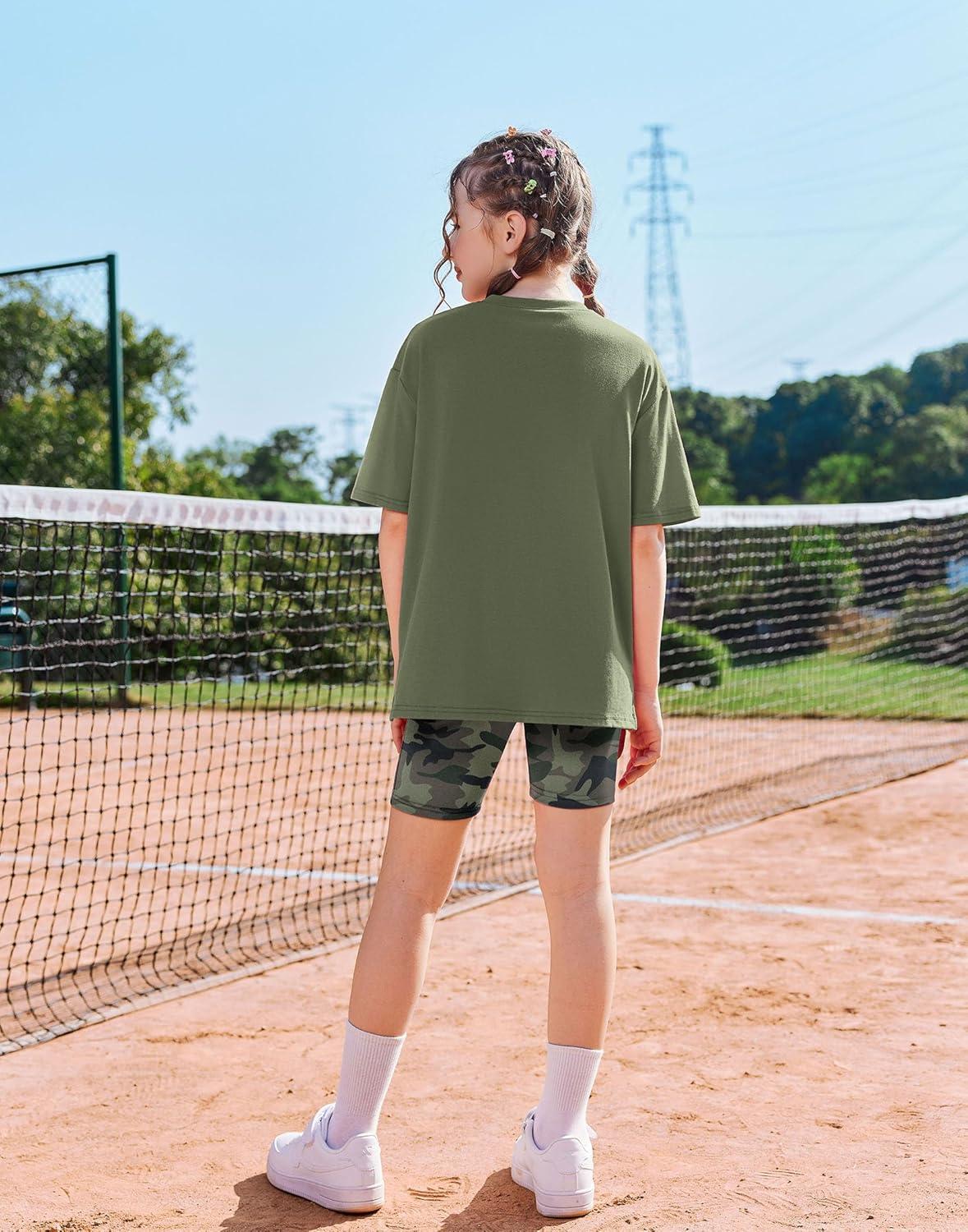 image:imageArshiner Girls Summer Outfits 2 Piece Sets Oversized V Neck Side Split Shirts and Biker Shorts Athletic Sets Workout OutfitsCamo
