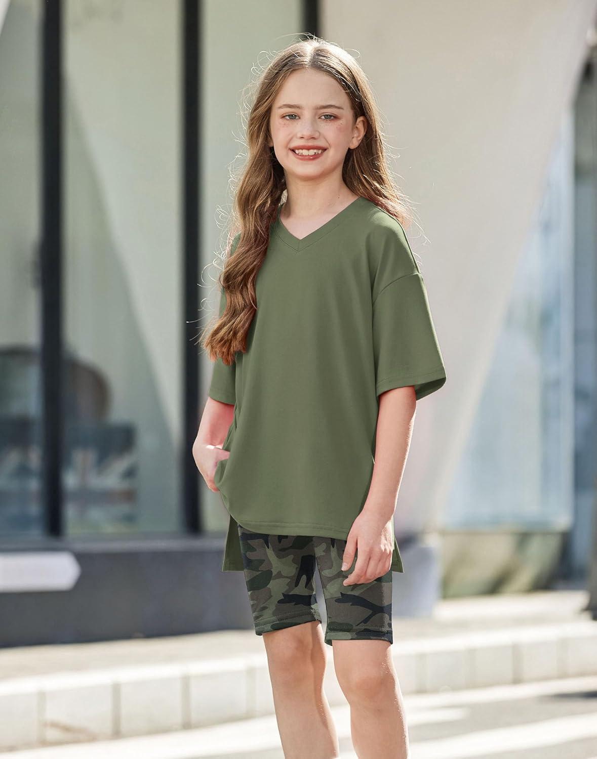 image:imageArshiner Girls Summer Outfits 2 Piece Sets Oversized V Neck Side Split Shirts and Biker Shorts Athletic Sets Workout OutfitsCamo