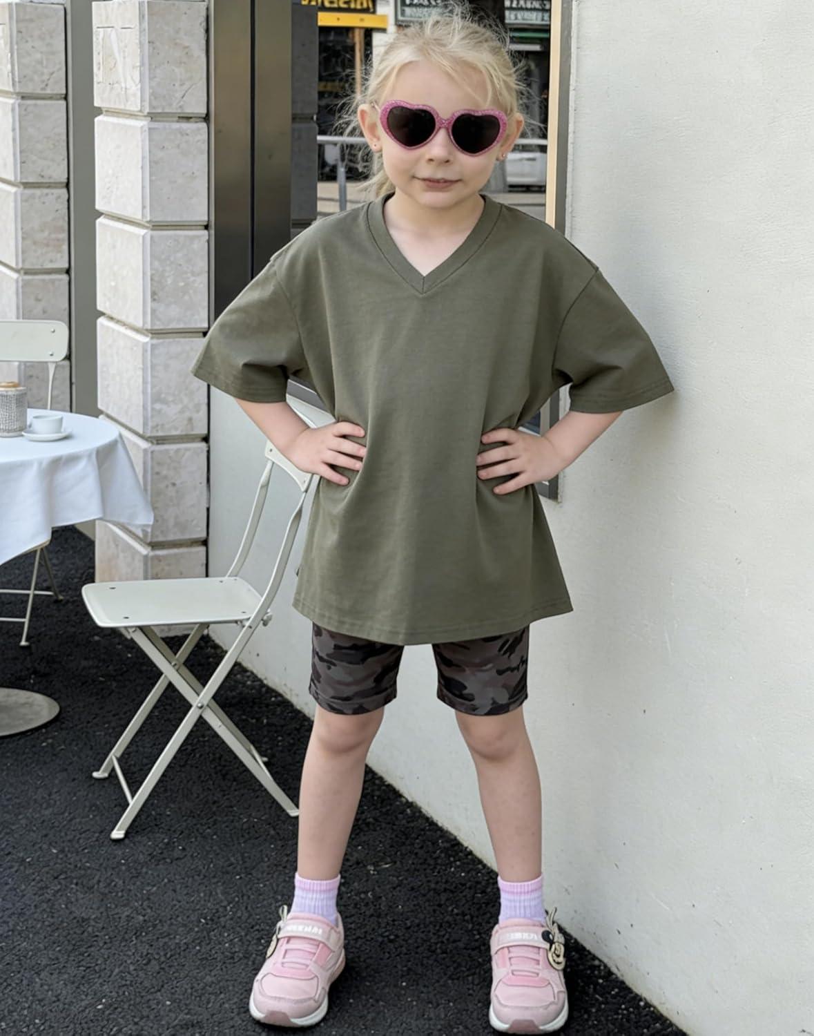 image:imageArshiner Girls Summer Outfits 2 Piece Sets Oversized V Neck Side Split Shirts and Biker Shorts Athletic Sets Workout OutfitsCamo