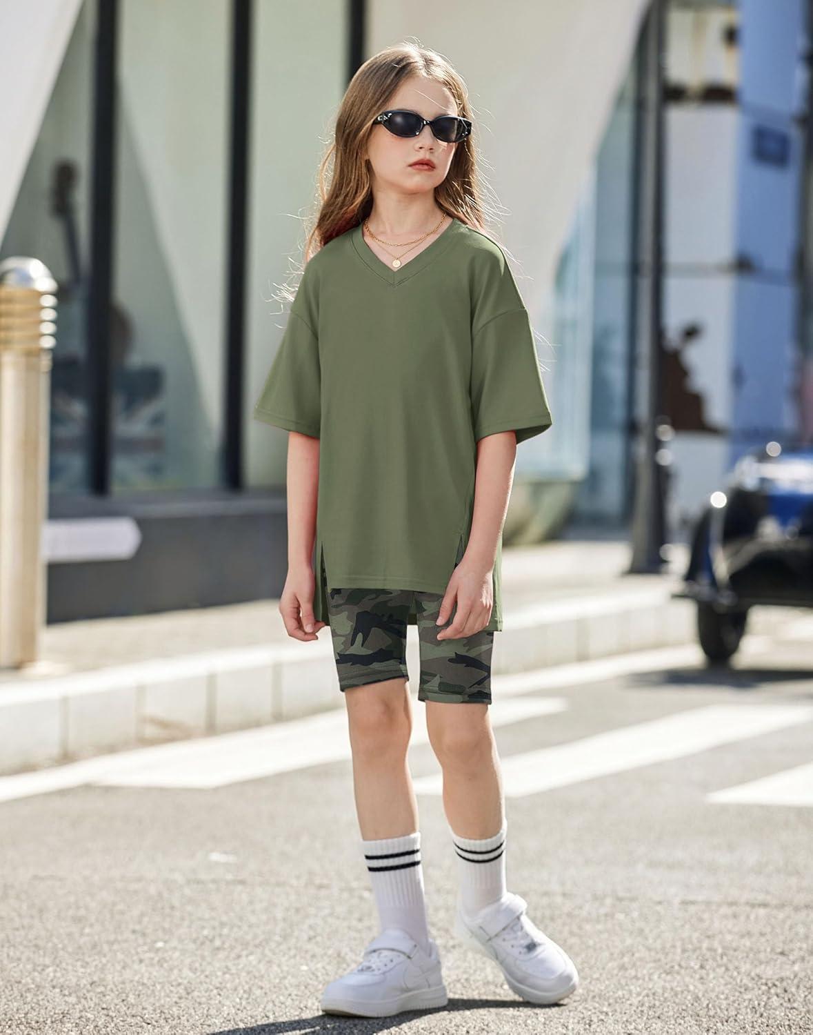 image:imageArshiner Girls Summer Outfits 2 Piece Sets Oversized V Neck Side Split Shirts and Biker Shorts Athletic Sets Workout OutfitsCamo