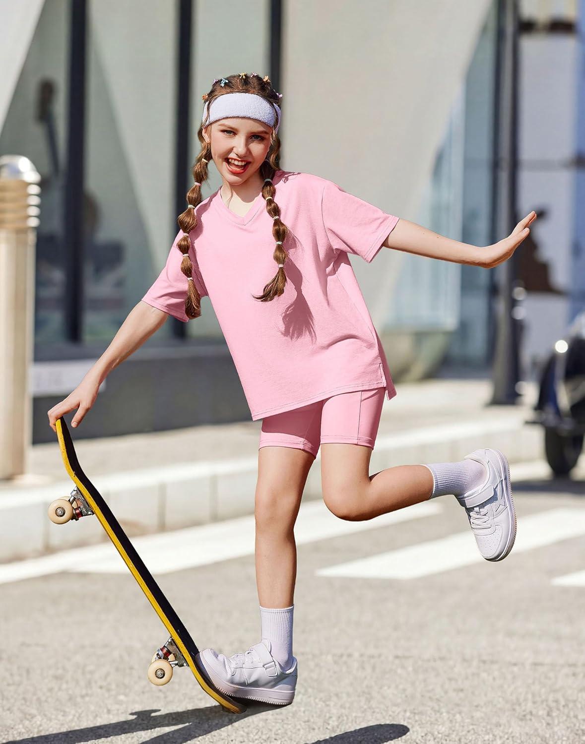 image:imageArshiner Girls Summer Outfits 2 Piece Sets Oversized V Neck Side Split Shirts and Biker Shorts Athletic Sets Workout OutfitsLight Pink