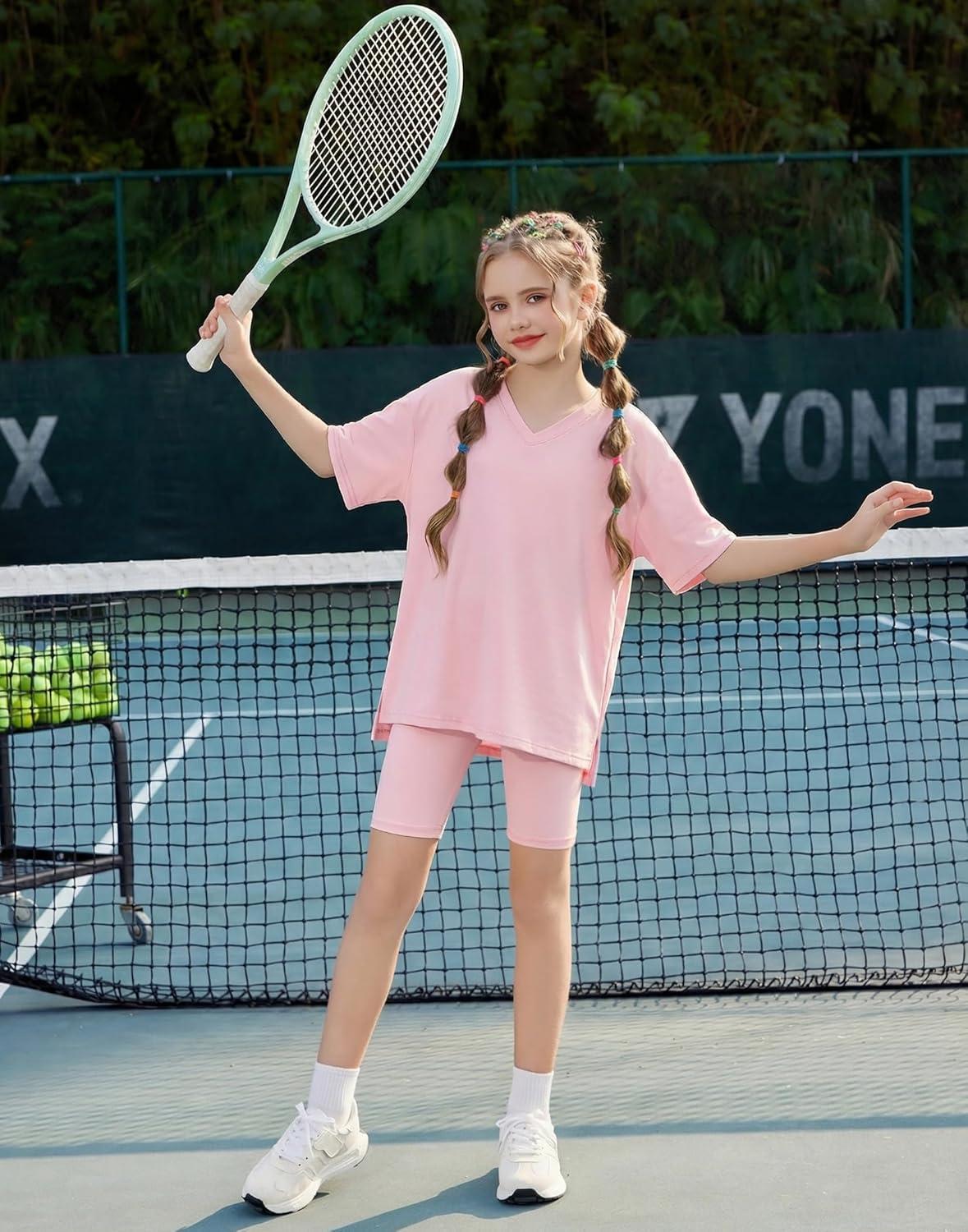 image:imageArshiner Girls Summer Outfits 2 Piece Sets Oversized V Neck Side Split Shirts and Biker Shorts Athletic Sets Workout OutfitsLight Pink