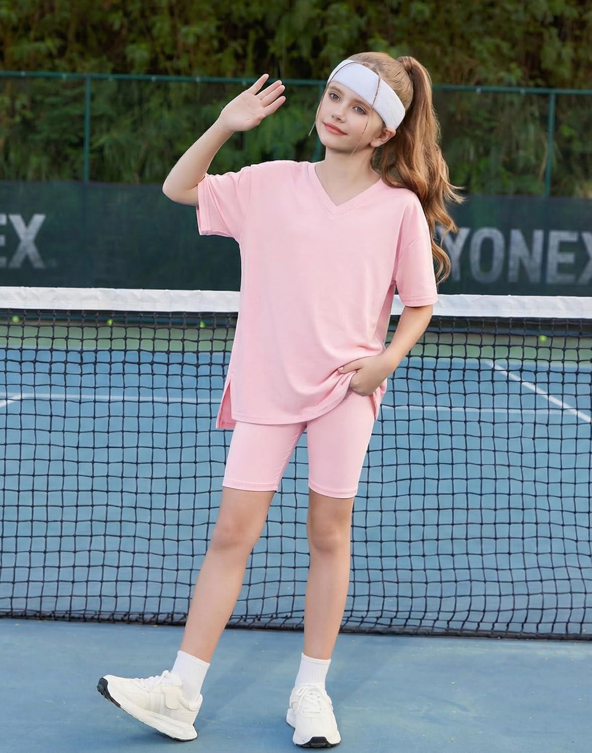 image:imageArshiner Girls Summer Outfits 2 Piece Sets Oversized V Neck Side Split Shirts and Biker Shorts Athletic Sets Workout OutfitsLight Pink
