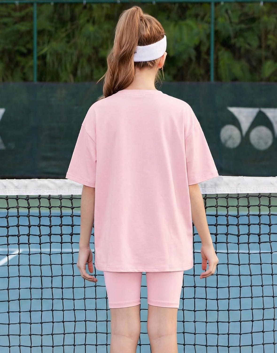 image:imageArshiner Girls Summer Outfits 2 Piece Sets Oversized V Neck Side Split Shirts and Biker Shorts Athletic Sets Workout OutfitsLight Pink