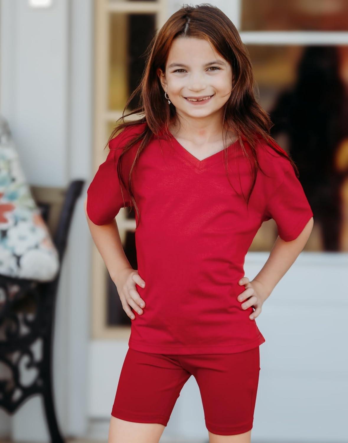 image:imageArshiner Girls Summer Outfits 2 Piece Sets Oversized V Neck Side Split Shirts and Biker Shorts Athletic Sets Workout OutfitsRed