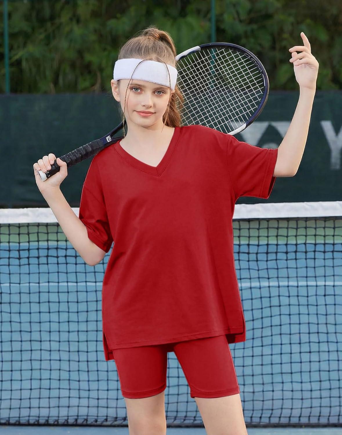 image:imageArshiner Girls Summer Outfits 2 Piece Sets Oversized V Neck Side Split Shirts and Biker Shorts Athletic Sets Workout OutfitsRed
