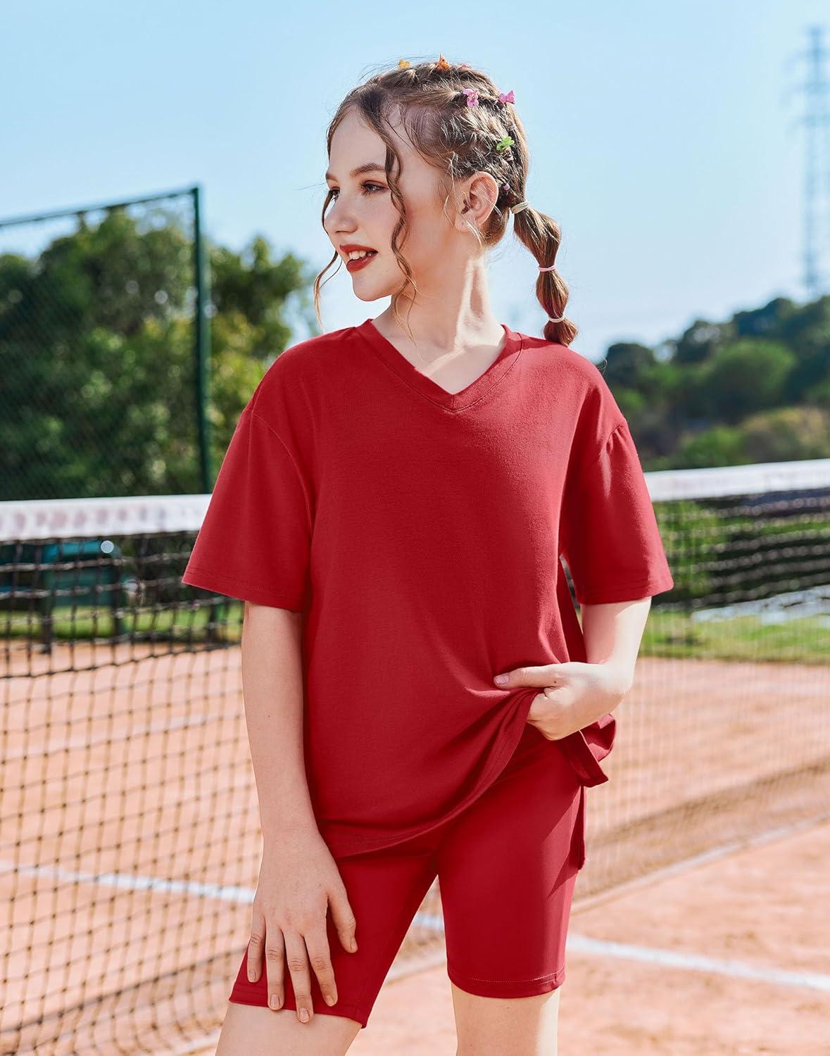 image:imageArshiner Girls Summer Outfits 2 Piece Sets Oversized V Neck Side Split Shirts and Biker Shorts Athletic Sets Workout OutfitsRed