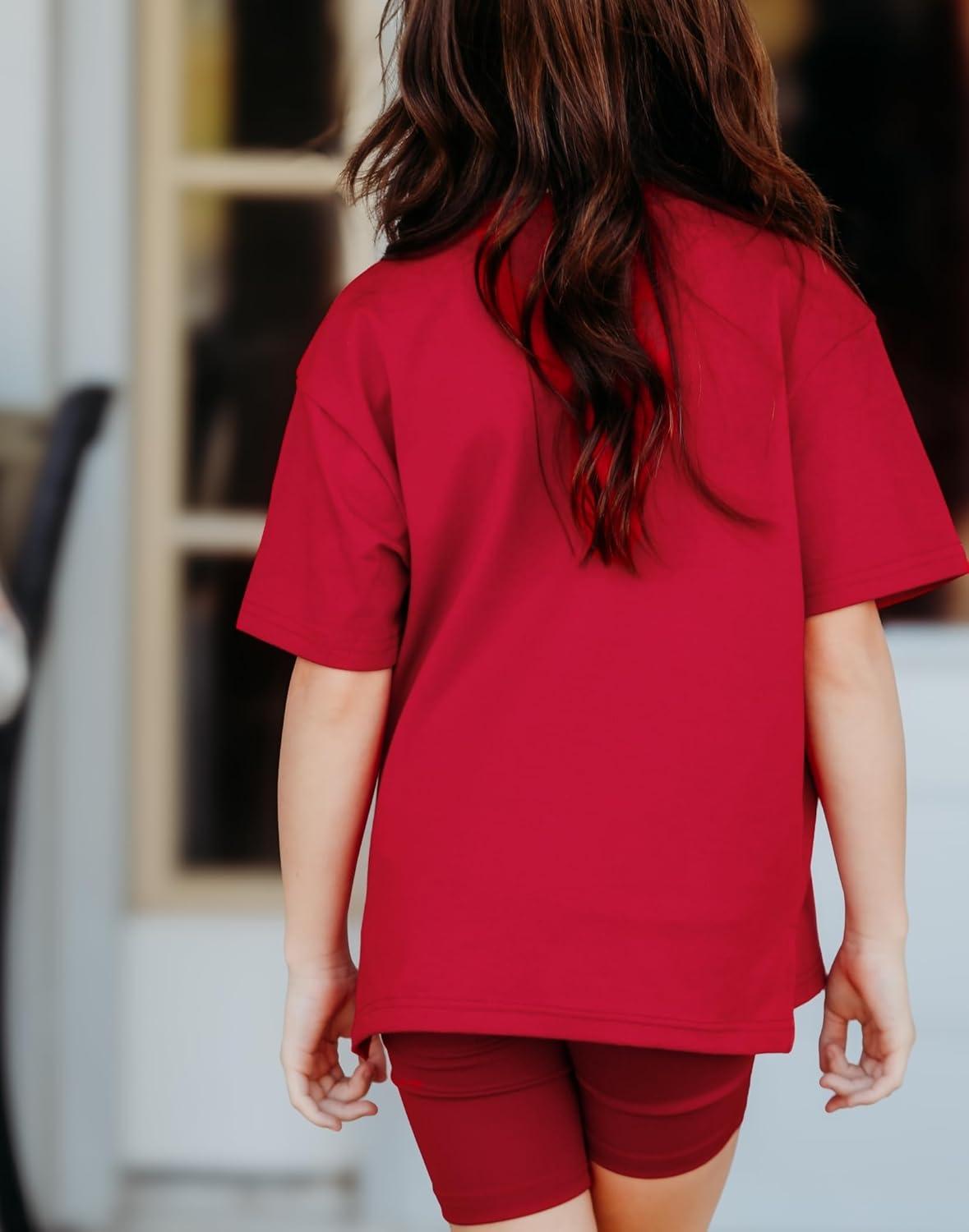 image:imageArshiner Girls Summer Outfits 2 Piece Sets Oversized V Neck Side Split Shirts and Biker Shorts Athletic Sets Workout OutfitsRed