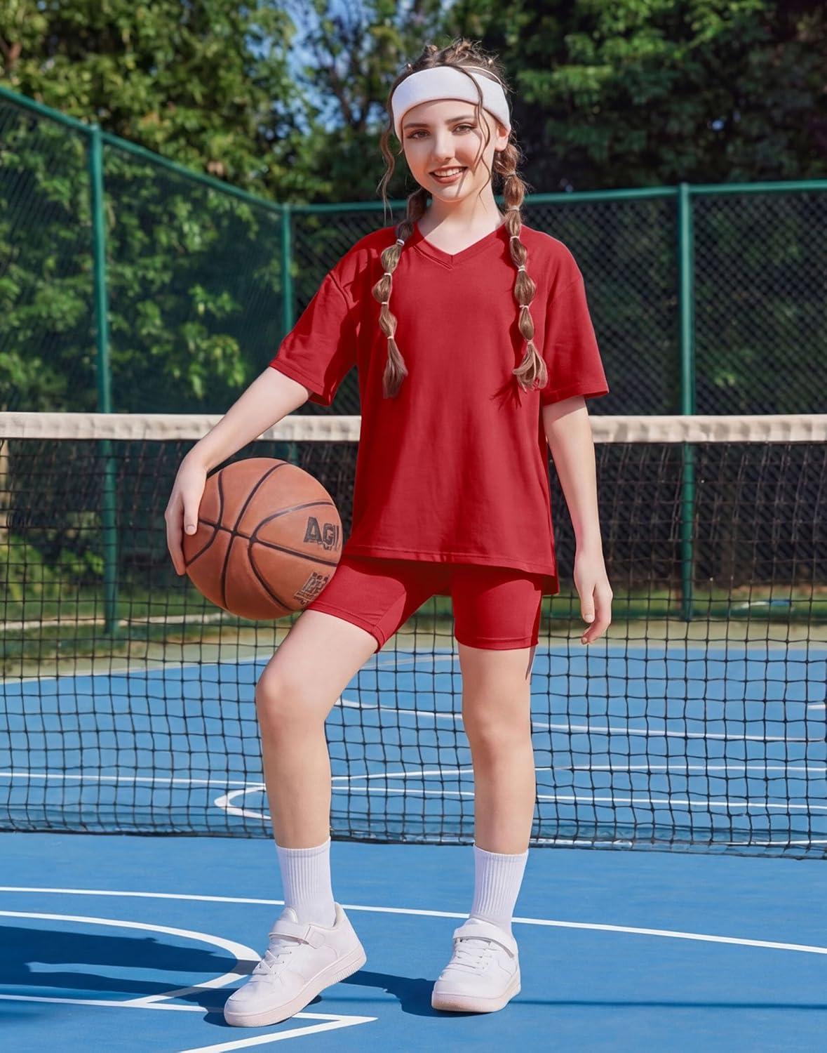 image:imageArshiner Girls Summer Outfits 2 Piece Sets Oversized V Neck Side Split Shirts and Biker Shorts Athletic Sets Workout OutfitsRed