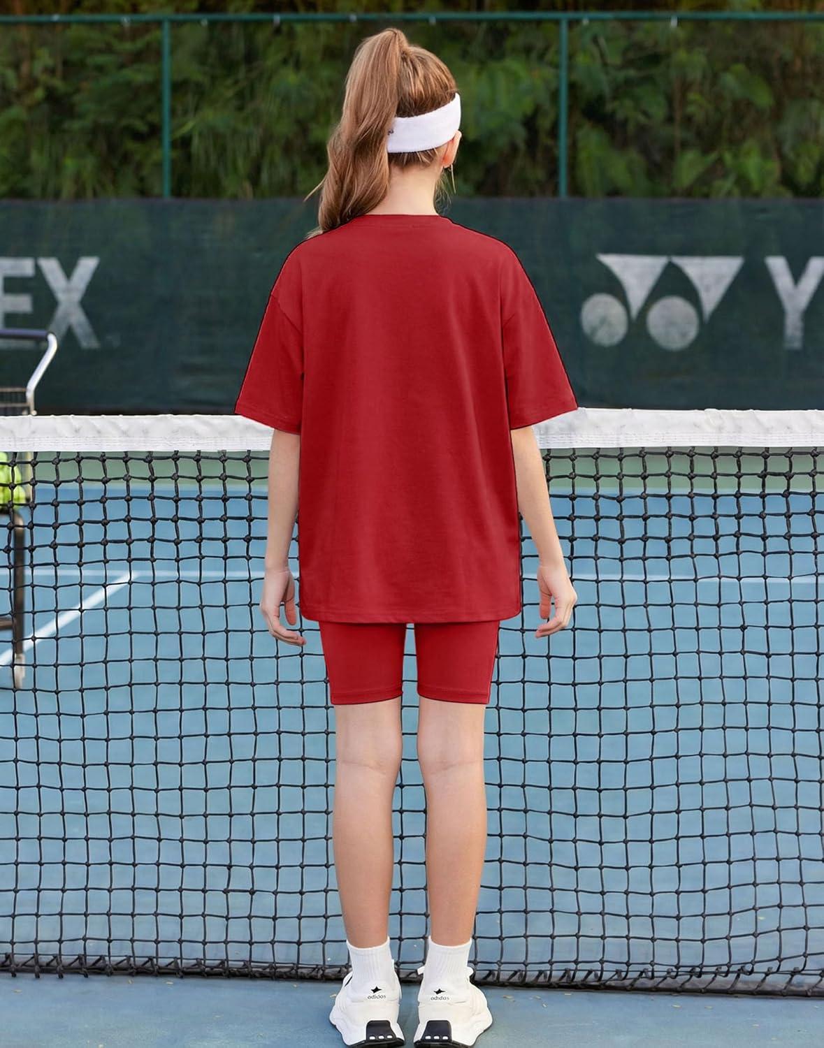 image:imageArshiner Girls Summer Outfits 2 Piece Sets Oversized V Neck Side Split Shirts and Biker Shorts Athletic Sets Workout OutfitsRed