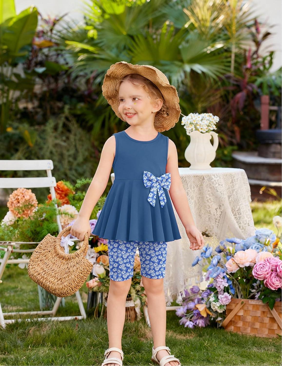 image:imageArshiner Toddler Girl Clothes 2 Piece Bowknot Sleeveless Top Dress and Leggings Shorts Set Kids Summer OutfitsGrayblue Flower