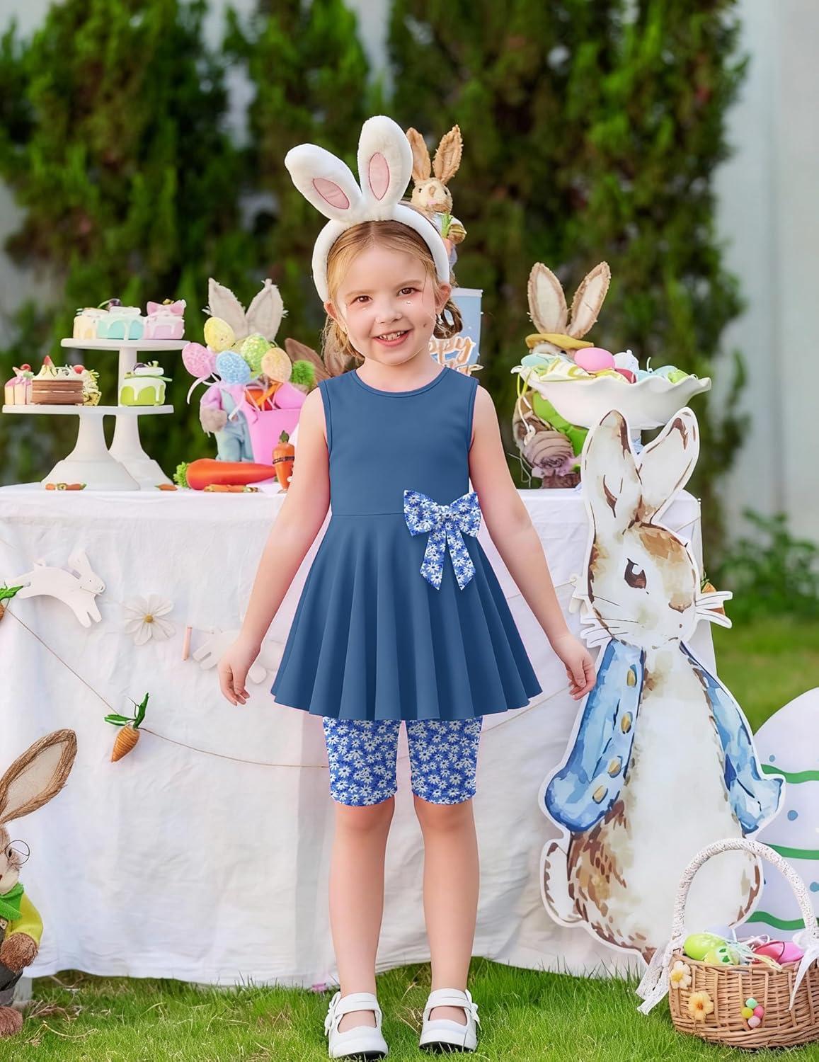 image:imageArshiner Toddler Girl Clothes 2 Piece Bowknot Sleeveless Top Dress and Leggings Shorts Set Kids Summer OutfitsGrayblue Flower