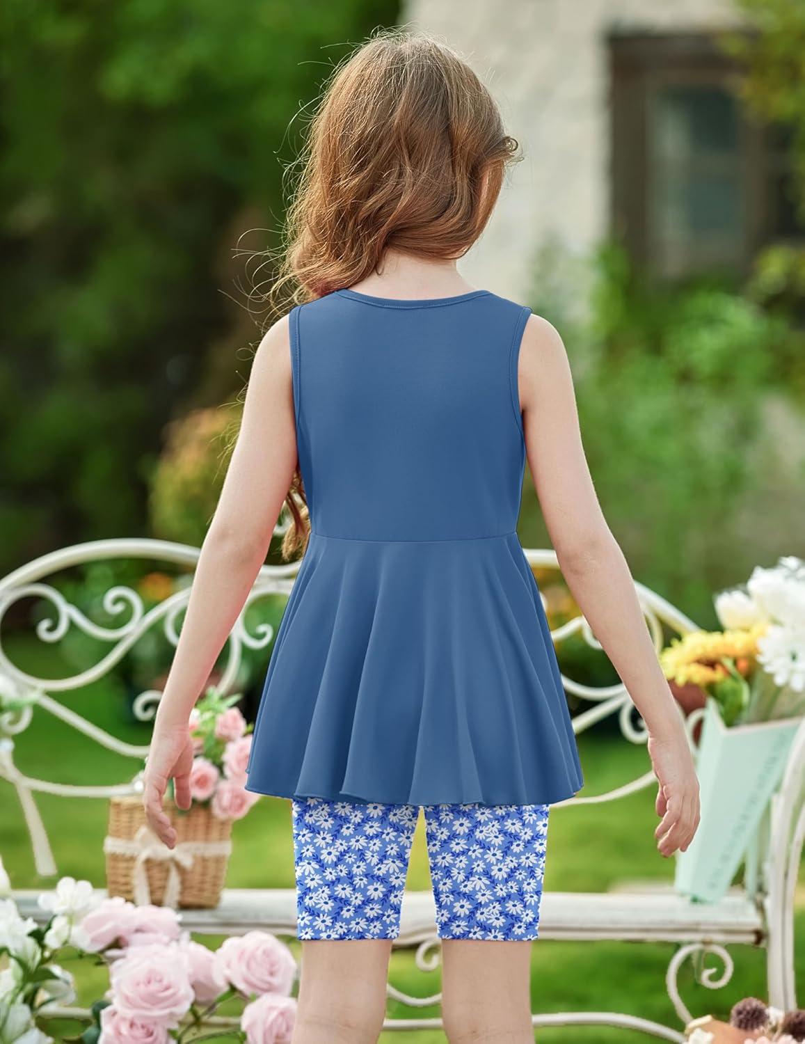 image:imageArshiner Toddler Girl Clothes 2 Piece Bowknot Sleeveless Top Dress and Leggings Shorts Set Kids Summer OutfitsGrayblue Flower