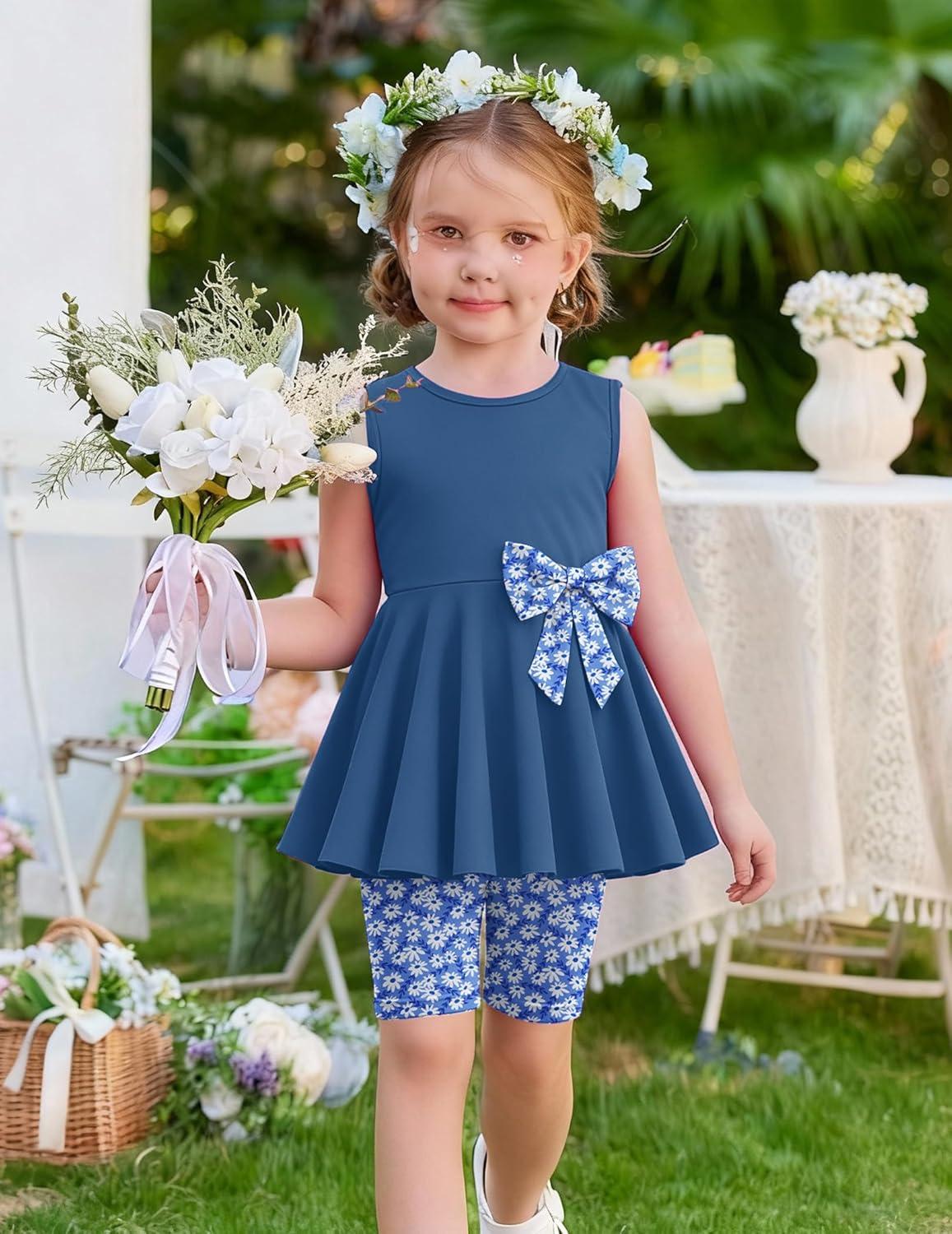 image:imageArshiner Toddler Girl Clothes 2 Piece Bowknot Sleeveless Top Dress and Leggings Shorts Set Kids Summer OutfitsGrayblue Flower