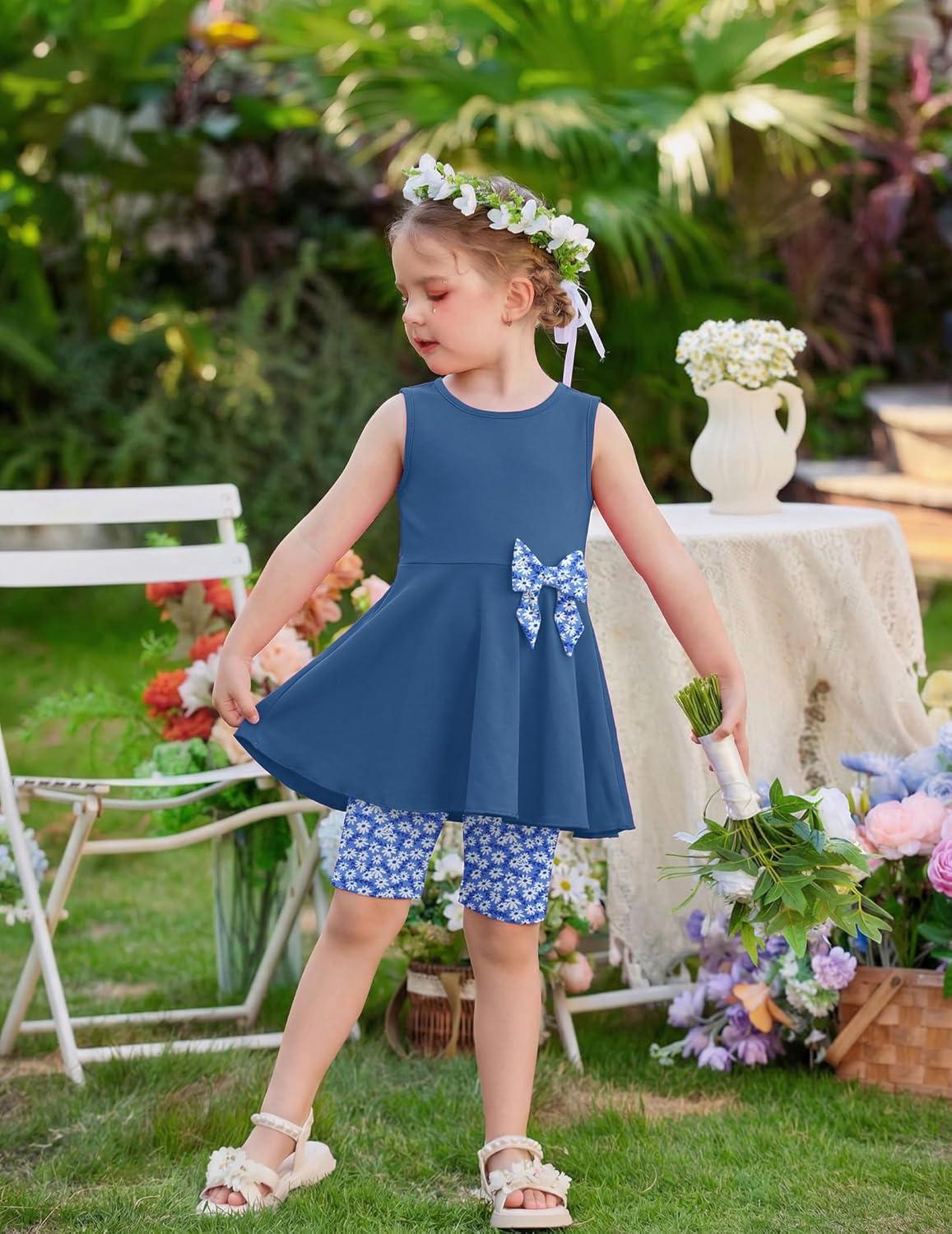 image:imageArshiner Toddler Girl Clothes 2 Piece Bowknot Sleeveless Top Dress and Leggings Shorts Set Kids Summer OutfitsGrayblue Flower