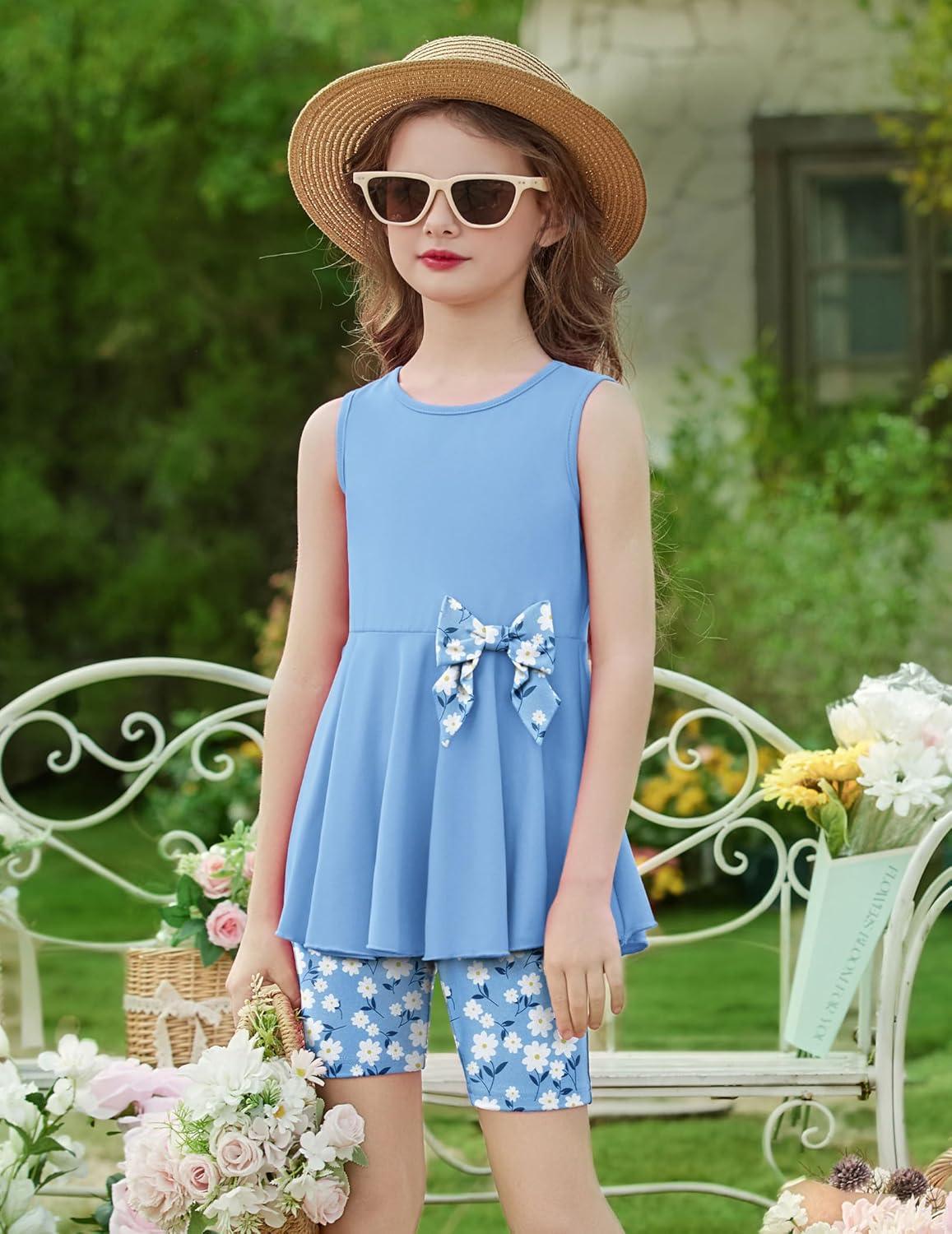 image:imageArshiner Toddler Girl Clothes 2 Piece Bowknot Sleeveless Top Dress and Leggings Shorts Set Kids Summer OutfitsLight Blue Flower