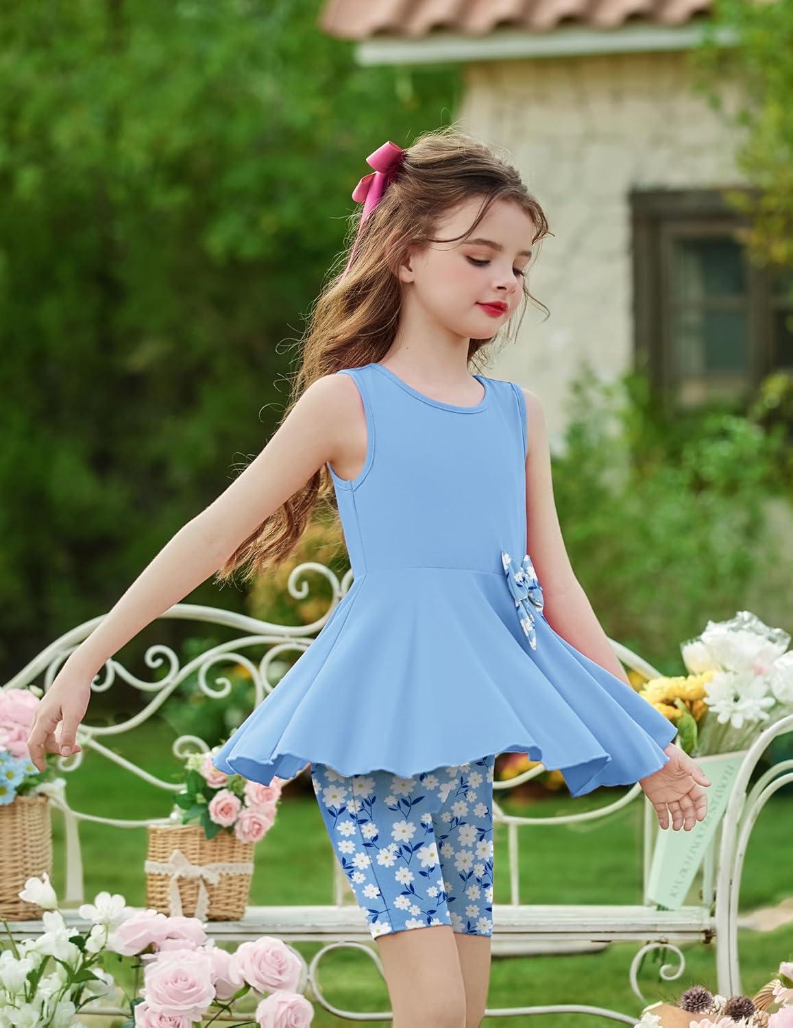 image:imageArshiner Toddler Girl Clothes 2 Piece Bowknot Sleeveless Top Dress and Leggings Shorts Set Kids Summer OutfitsLight Blue Flower