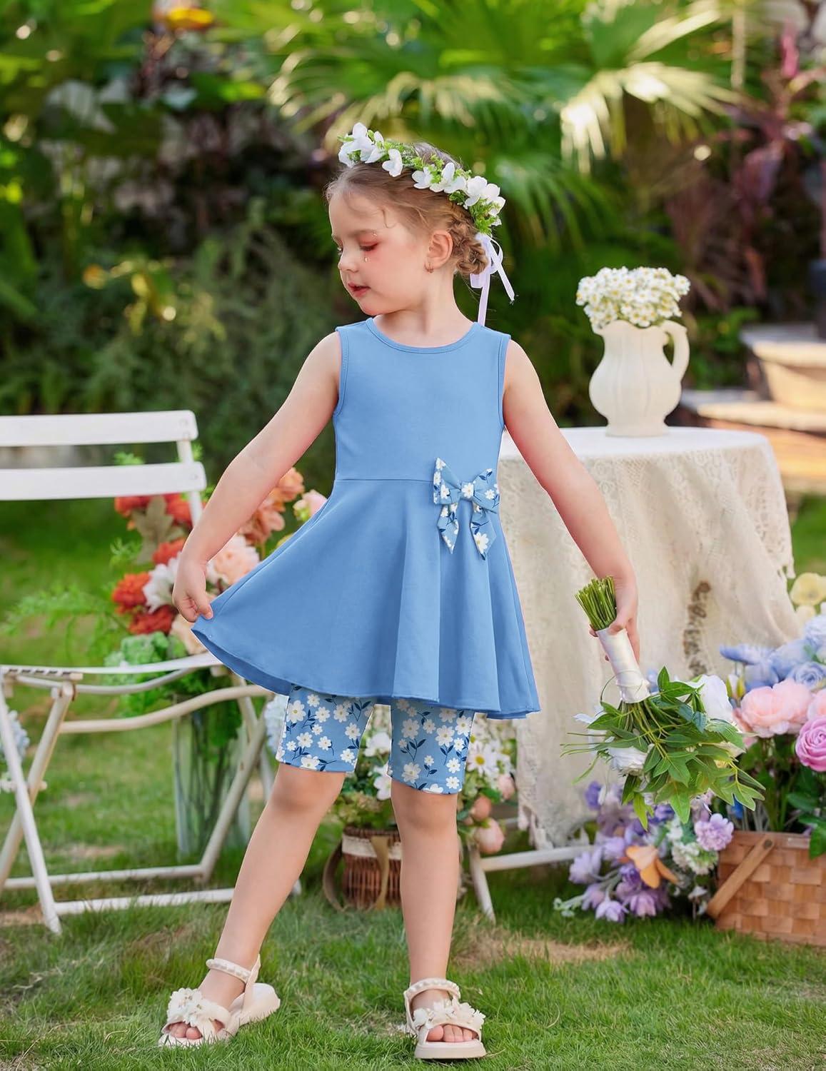 image:imageArshiner Toddler Girl Clothes 2 Piece Bowknot Sleeveless Top Dress and Leggings Shorts Set Kids Summer OutfitsLight Blue Flower