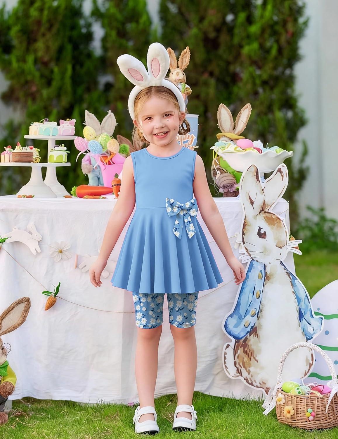 image:imageArshiner Toddler Girl Clothes 2 Piece Bowknot Sleeveless Top Dress and Leggings Shorts Set Kids Summer OutfitsLight Blue Flower
