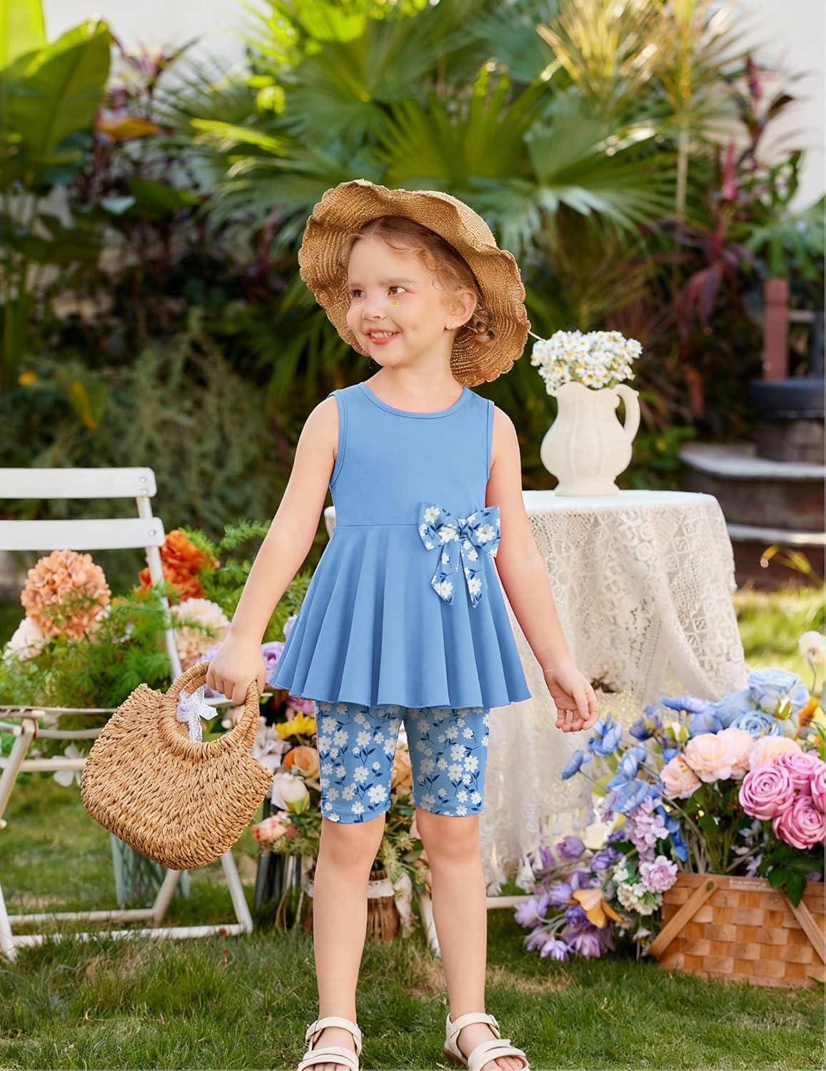 image:imageArshiner Toddler Girl Clothes 2 Piece Bowknot Sleeveless Top Dress and Leggings Shorts Set Kids Summer OutfitsLight Blue Flower