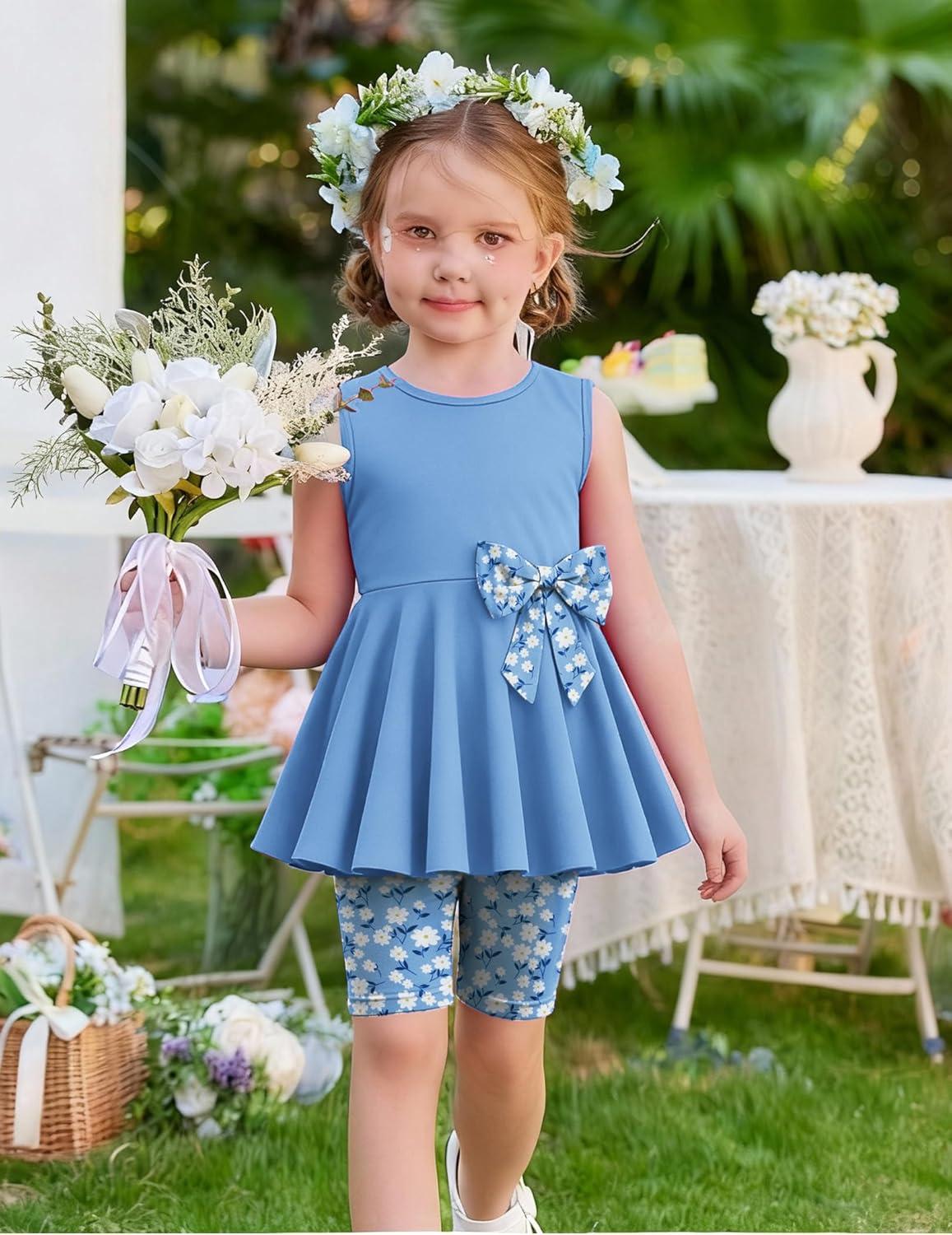 image:imageArshiner Toddler Girl Clothes 2 Piece Bowknot Sleeveless Top Dress and Leggings Shorts Set Kids Summer OutfitsLight Blue Flower