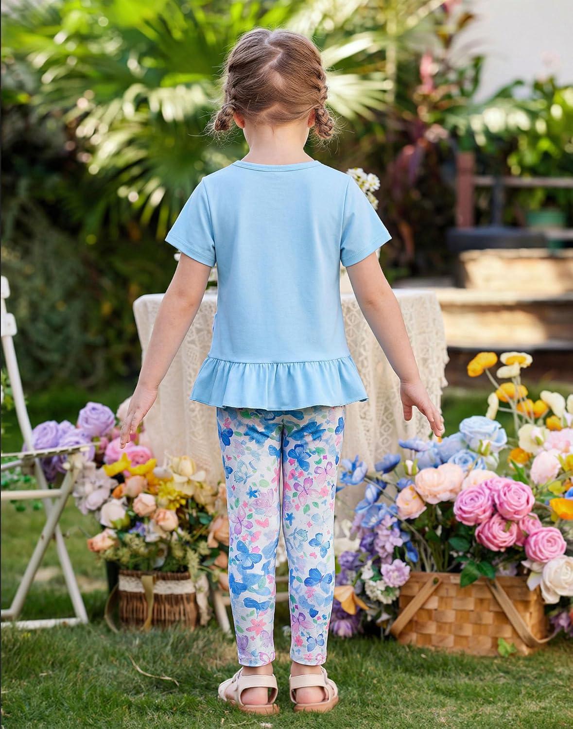 image:imageArshiner Toddler Girl Clothes Summer 2 Piece Outfits Ruffle Hem Short Sleeve Top and Printed Leggings Kids Clothing SetsBlue Butterfly