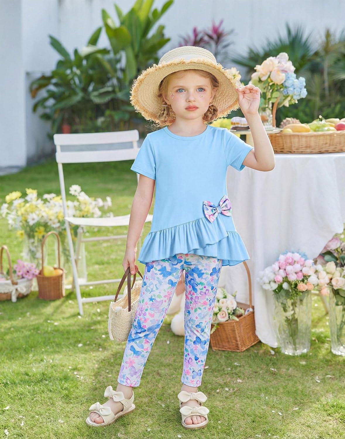 image:imageArshiner Toddler Girl Clothes Summer 2 Piece Outfits Ruffle Hem Short Sleeve Top and Printed Leggings Kids Clothing SetsBlue Butterfly