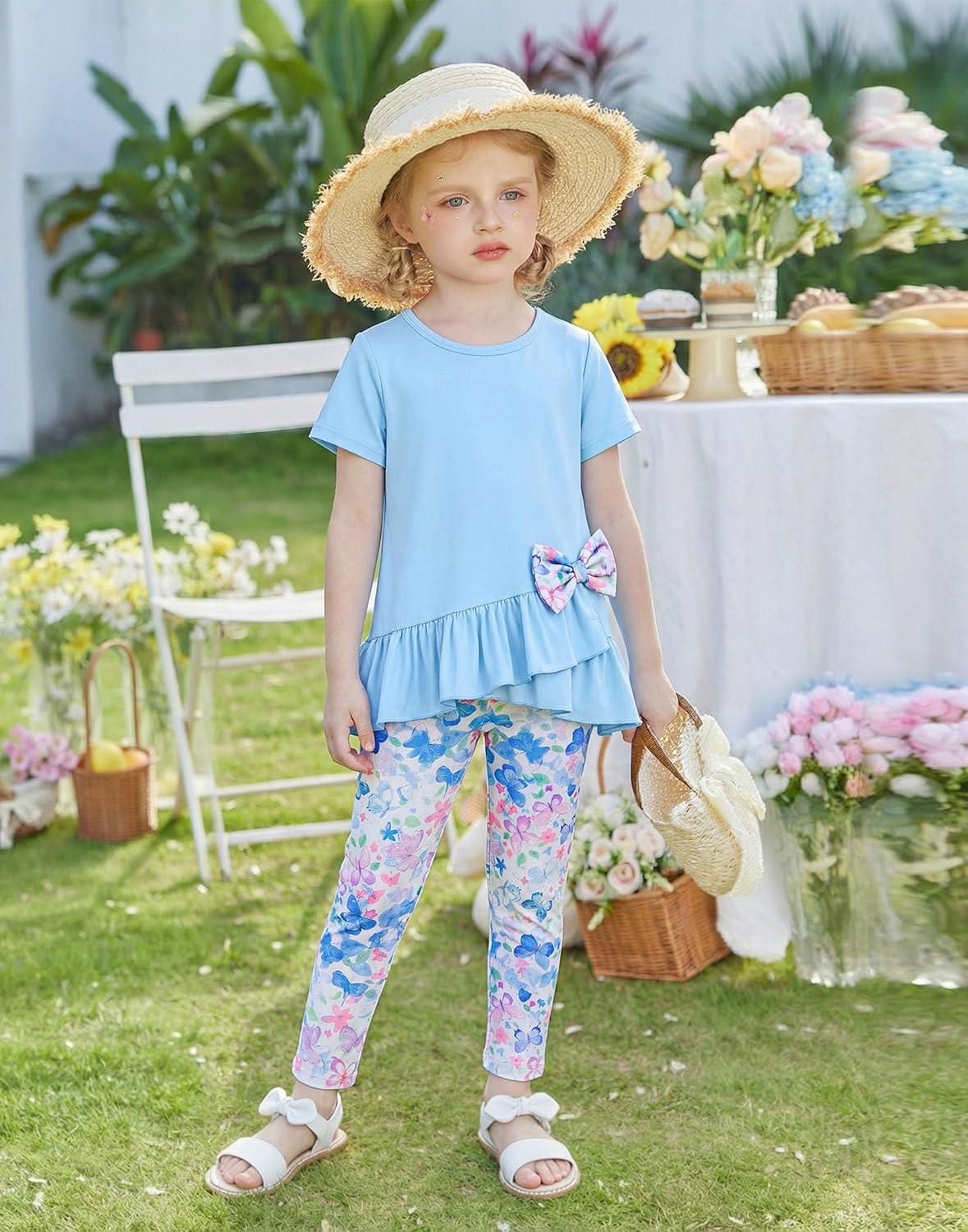 image:imageArshiner Toddler Girl Clothes Summer 2 Piece Outfits Ruffle Hem Short Sleeve Top and Printed Leggings Kids Clothing SetsBlue Butterfly