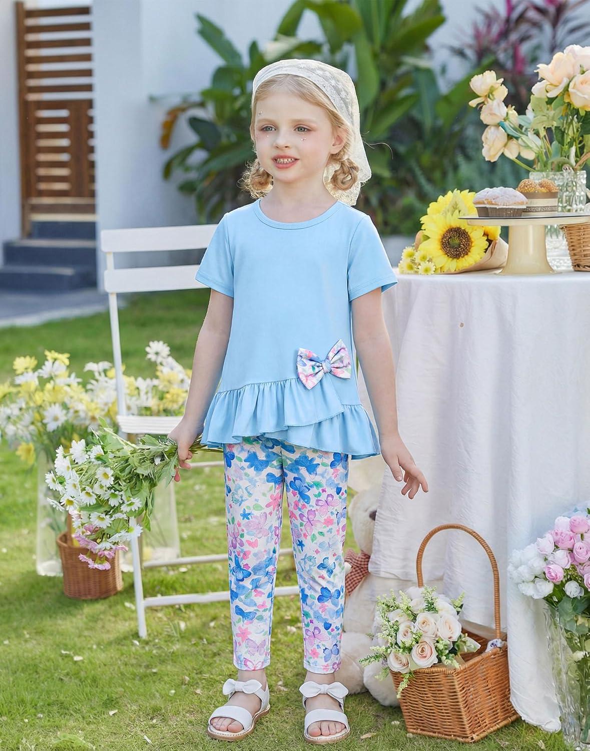image:imageArshiner Toddler Girl Clothes Summer 2 Piece Outfits Ruffle Hem Short Sleeve Top and Printed Leggings Kids Clothing SetsBlue Butterfly