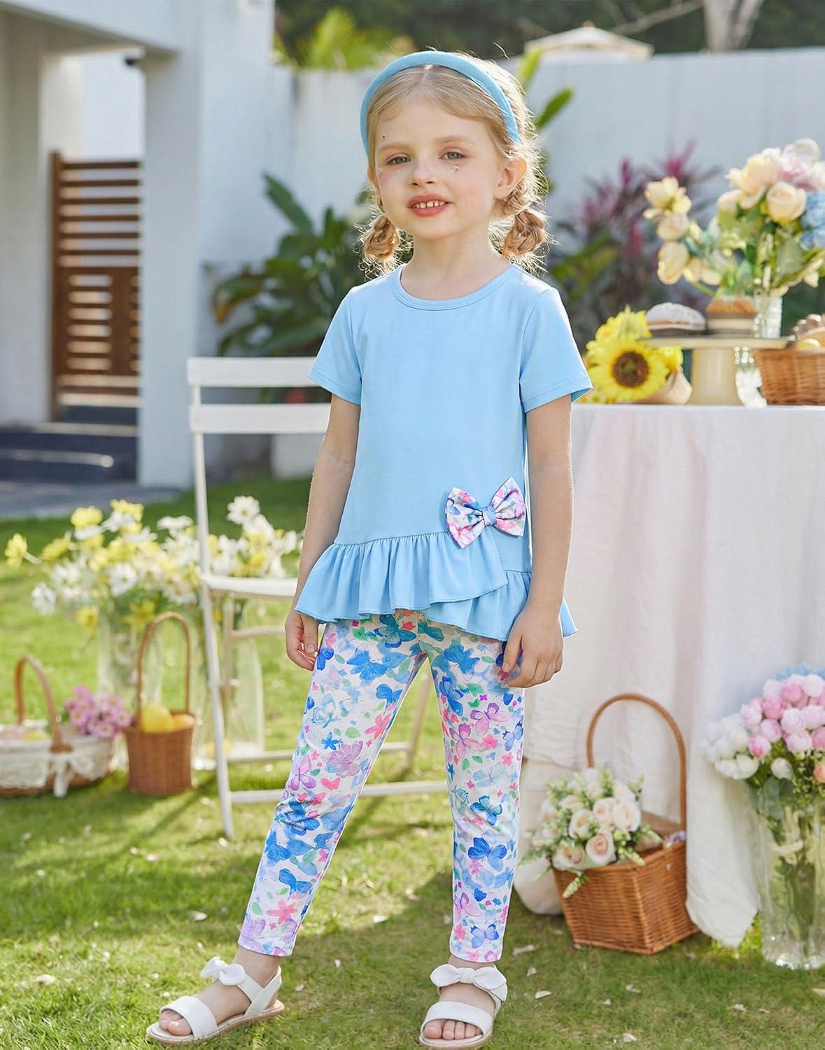 image:imageArshiner Toddler Girl Clothes Summer 2 Piece Outfits Ruffle Hem Short Sleeve Top and Printed Leggings Kids Clothing SetsBlue Butterfly